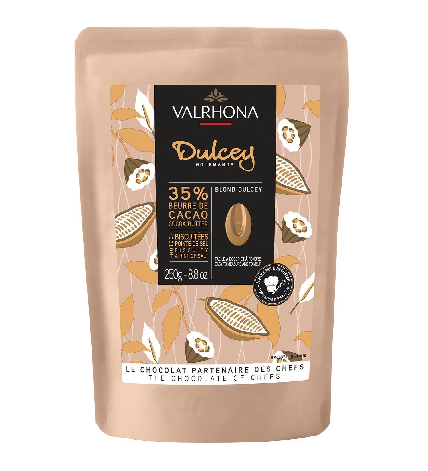 Valrhona DULCEY BLOND Chocolate Discs 35% Cacao 250g - Creamy Caramel Cookie Flavor - Easy Melt & Tempering - Ideal for Luscious Frostings - Buy Online on GoSupps.com