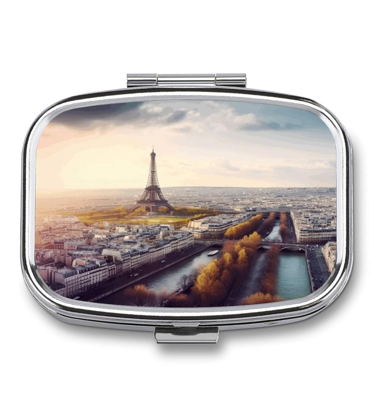 Paris Cityscape Pill Box | 2 Compartment Portable Medicine Organizer | Decorative Metal Pill Case for Pocket & Purse - Buy Online on GoSupps.com