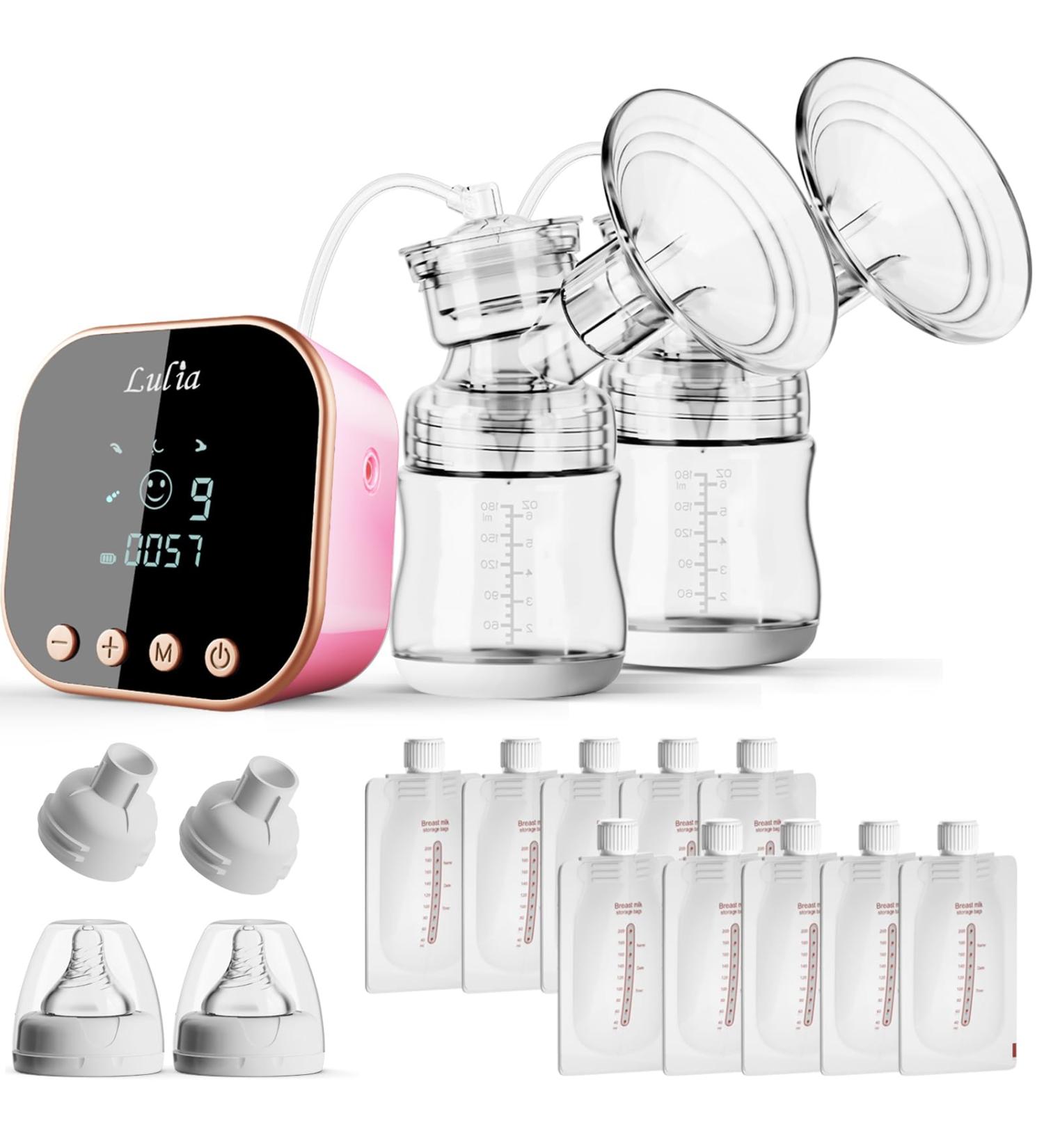 Double Electric Milk Pump - Pain-Free Silicone Breast Pump with 10 Storage Bags & Adapter - Rechargeable Portable Strong Suction (Rosa LU-01-B) - Buy Online on GoSupps.com