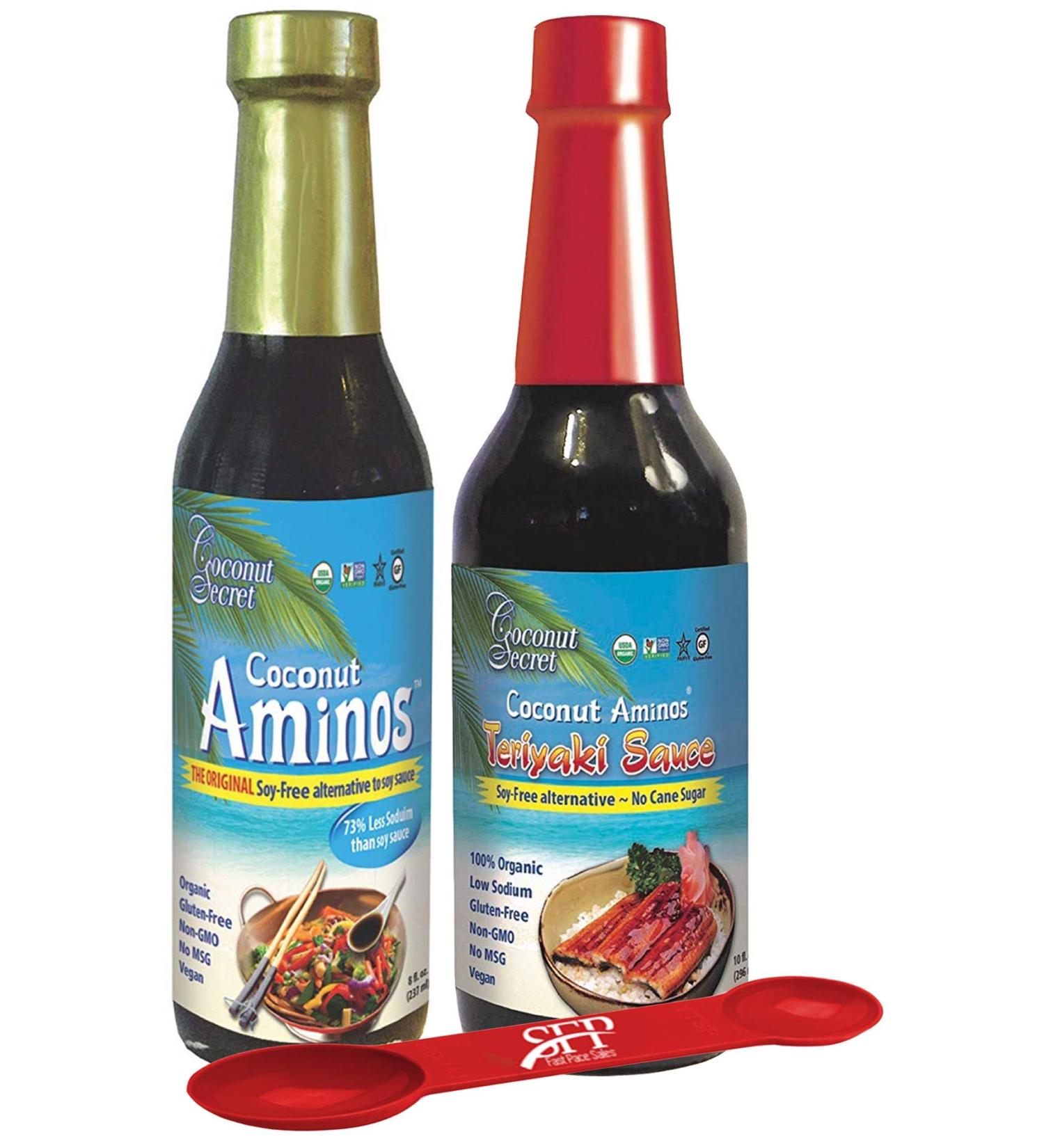 Coconut Secret Variety Pack: Coconut Aminos Soy Free Sauce 8 Oz & Gluten Free Teriyaki Sauce 10 Oz - Ideal for Chicken Marinade & Asian Stir-Fry - Bonus Measuring Spoon Included - Buy Online on GoSupps.com