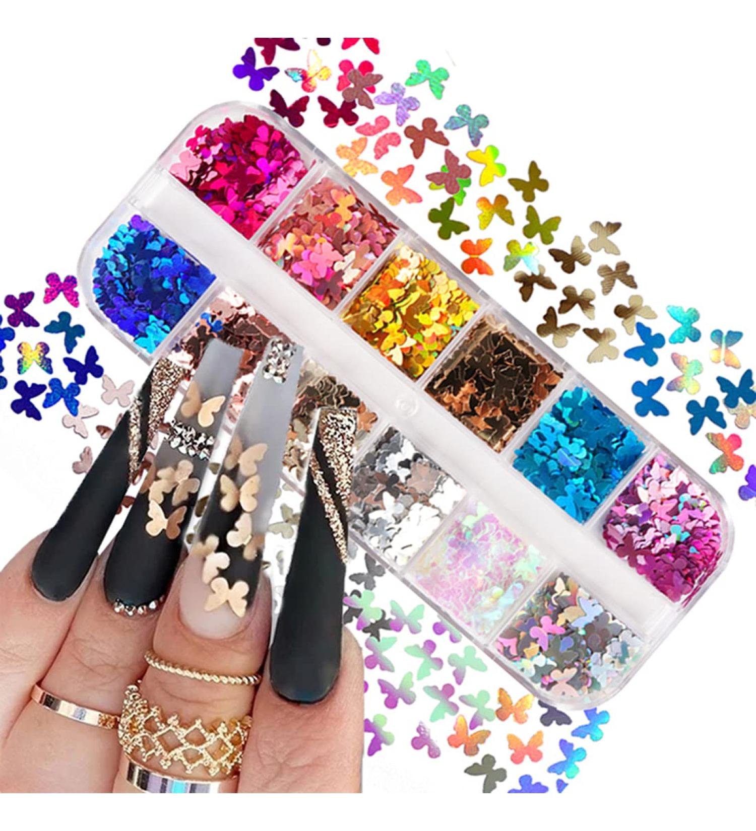 12 Colors Butterfly Nail Art Glitter Sequins | 3D Holographic Decals for Acrylic Nails | Manicure Paillettes & Ultrathin Glitters | Nail Art Supplies for Women - Buy Online on GoSupps.com