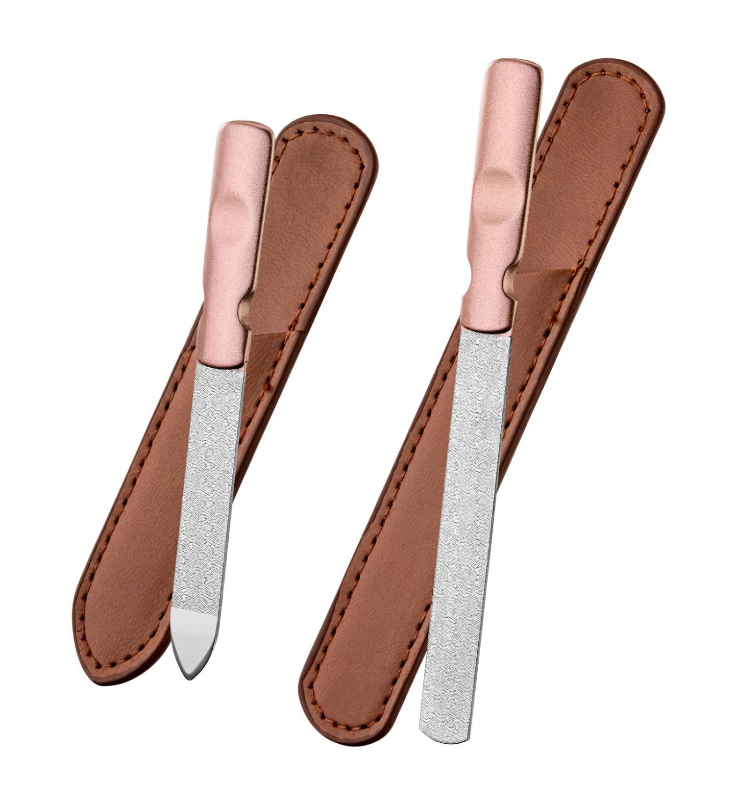 Stainless Steel Nail File Set with Rose Gold Handle and Leather Case - Double Sided Nail Filer for Women, Men, Girls - 2 Pieces - Buy Online on GoSupps.com