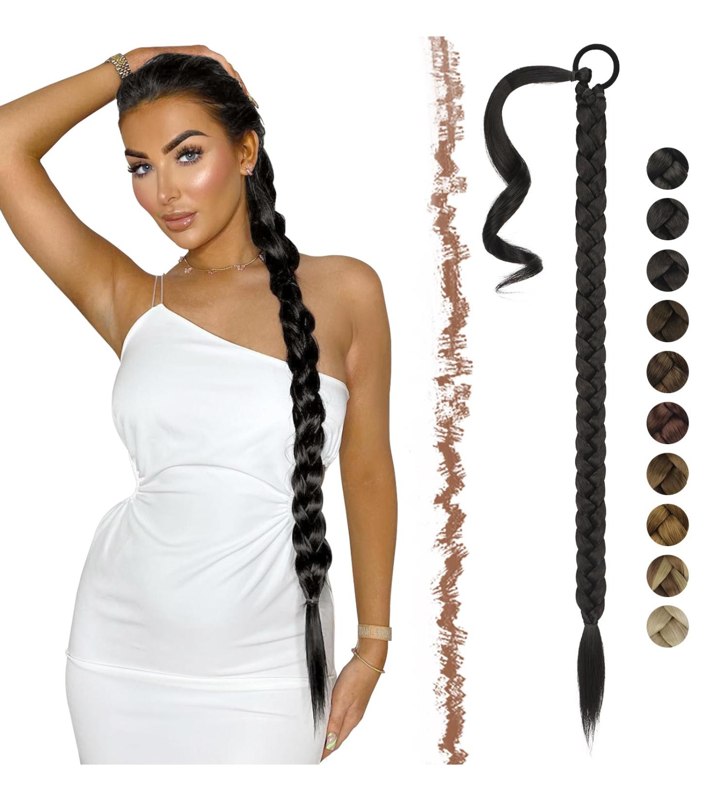 Feshfen 85cm Black Braid Extensions Ponytail - Long Braided Hair Tie for Women - Buy Online on GoSupps.com