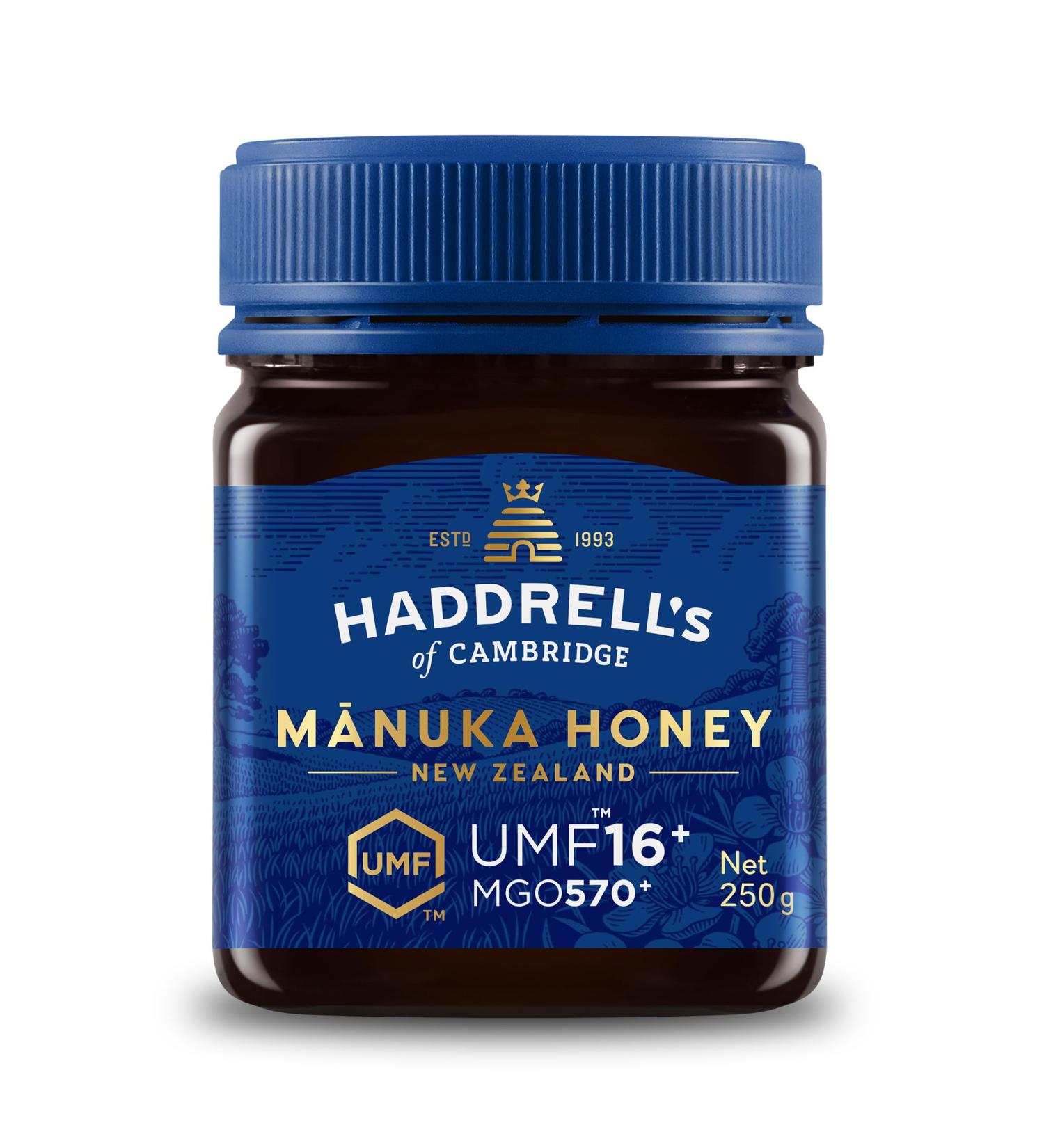 Haddrell's of Cambridge Manuka Honey MGO 550+ (UMF 16+) 250g - New Zealand Certified - High in Methylglyoxal - Sustainable Raw & High MGO - Premium Quality Honey - Buy Online on GoSupps.com