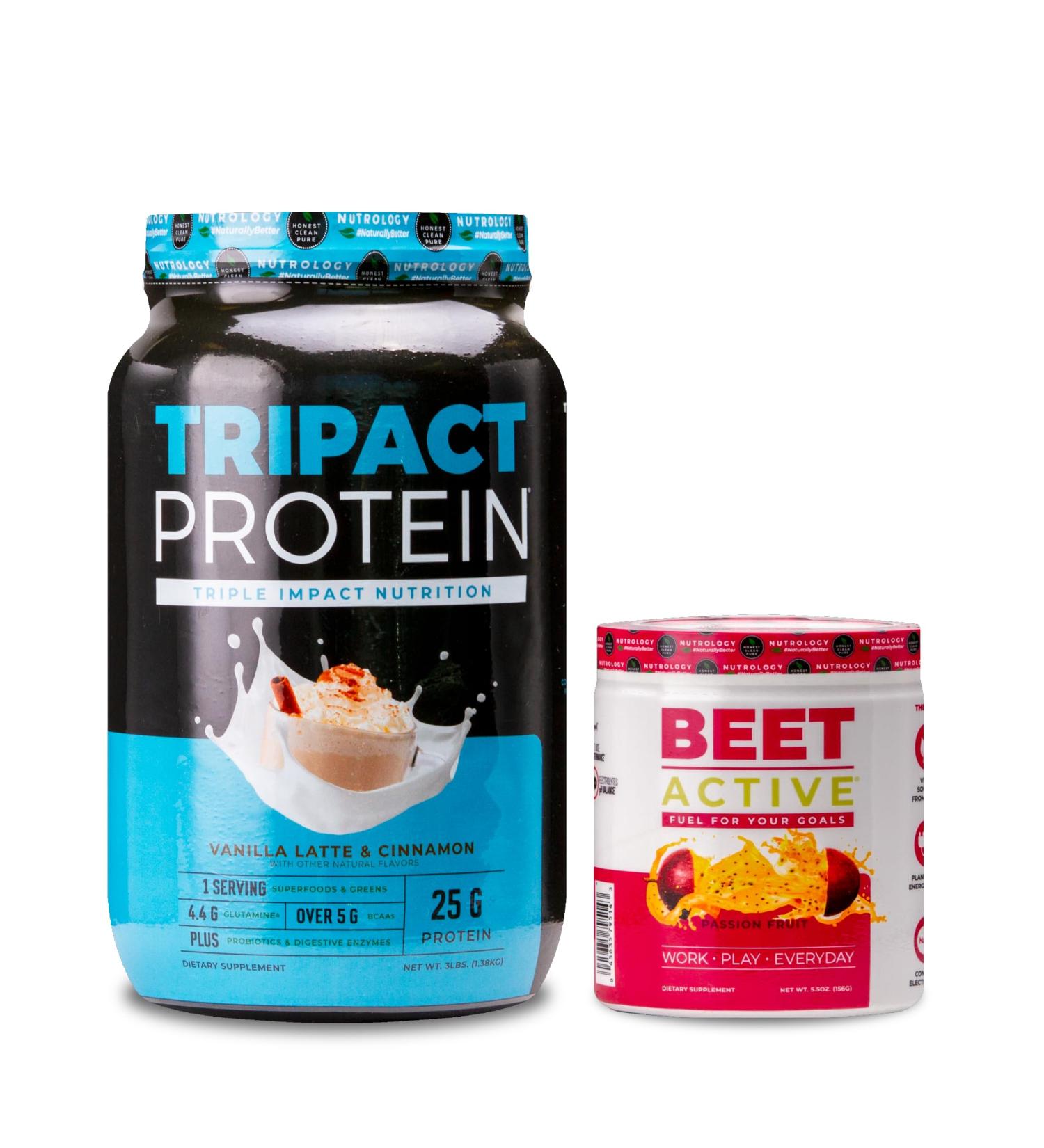 Nutrology TRIPACT Protein Powder 7-in-1 Meal Replacement Shake Vanilla Latte Cinnamon Flavor (40 Servings) Beet Active Natural Pre-Workout Powder Passion Fruit Flavor (30 Servings) - Buy Online on GoSupps.com