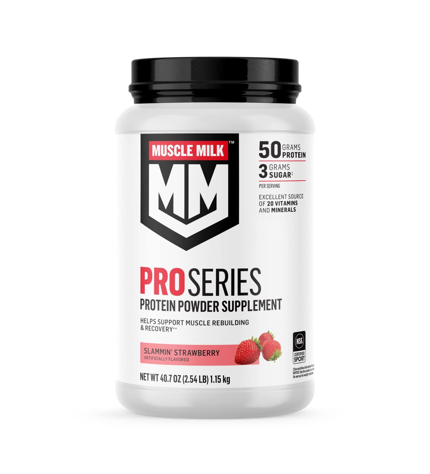 Muscle Milk Pro Series Protein Powder Supplement Slammin' Strawberry 2.54 Pound 14 Servings 50g Protein 3g Sugar 20 Vitamins & Minerals NSF Certified for Sport Packaging May Vary - Buy Online on GoSupps.com