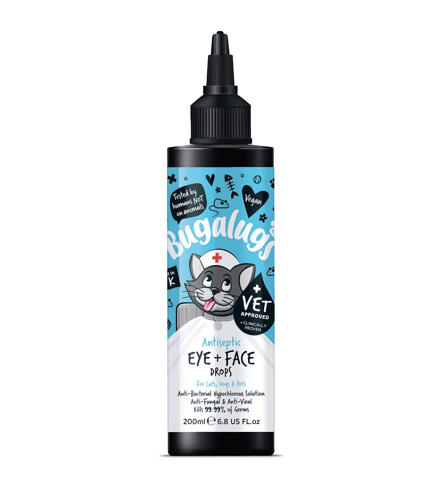 BUGALUGS Dog Eye Drops for infection 200ml Antiseptic eye drops for dogs puppy & cats. Antibacterial First aid for dry itchy irritated gunky & tear stain eyes. Eye Wash Cleaner Cat 200ml - Buy Online on GoSupps.com