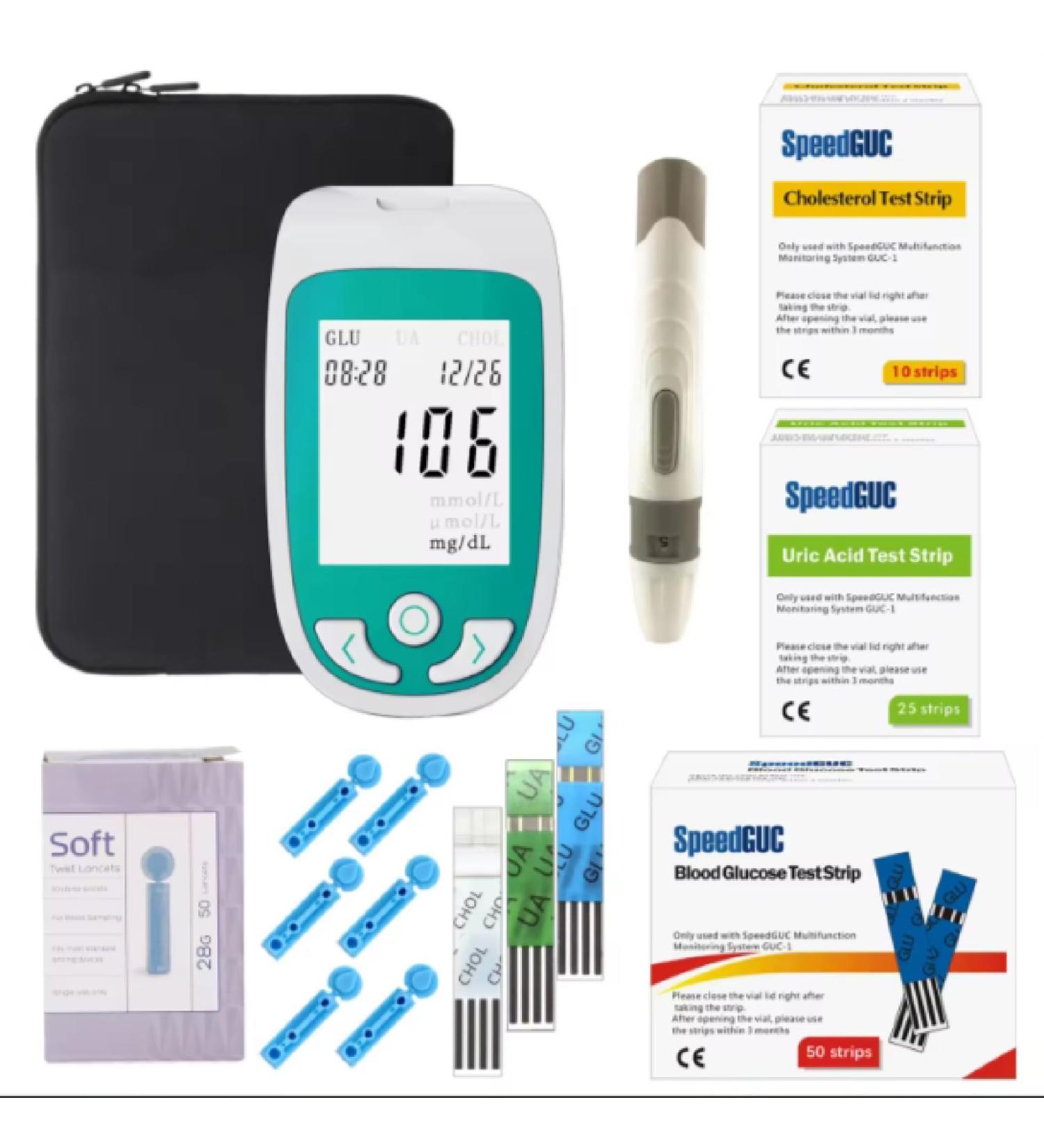 3-in-1 Blood Tester Kit: Fast Blood Sugar Cholesterol & Uric Acid Measurement | Home & Clinic Use - Buy Online on GoSupps.com