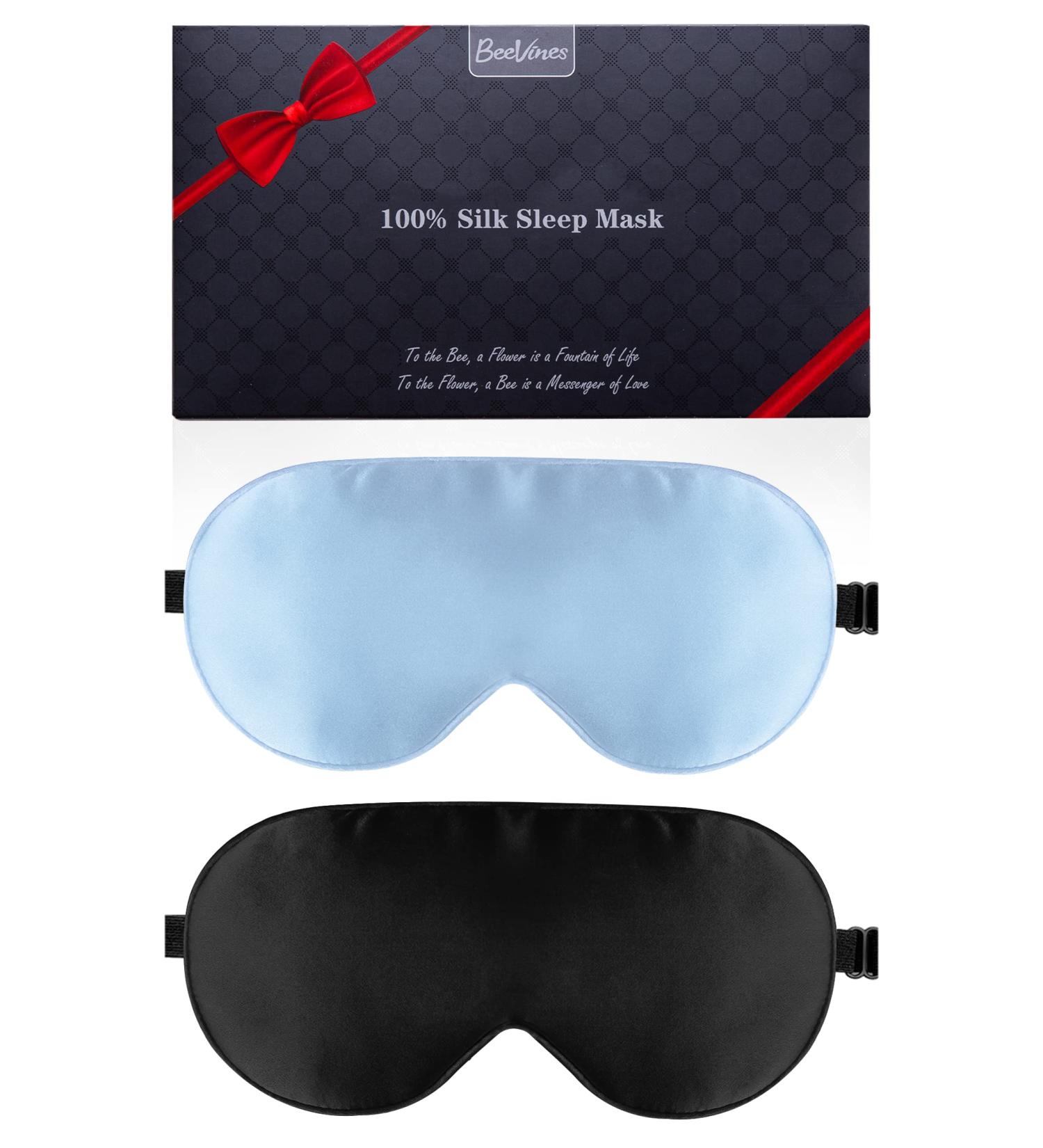 2-Pack Silk Sleep Mask Set | Adjustable Straps | BeeVines Summer Travel Eye Sleep Sunshade | Reduce Puffy Eyes | Black & Pastel Blue - Buy Online on GoSupps.com