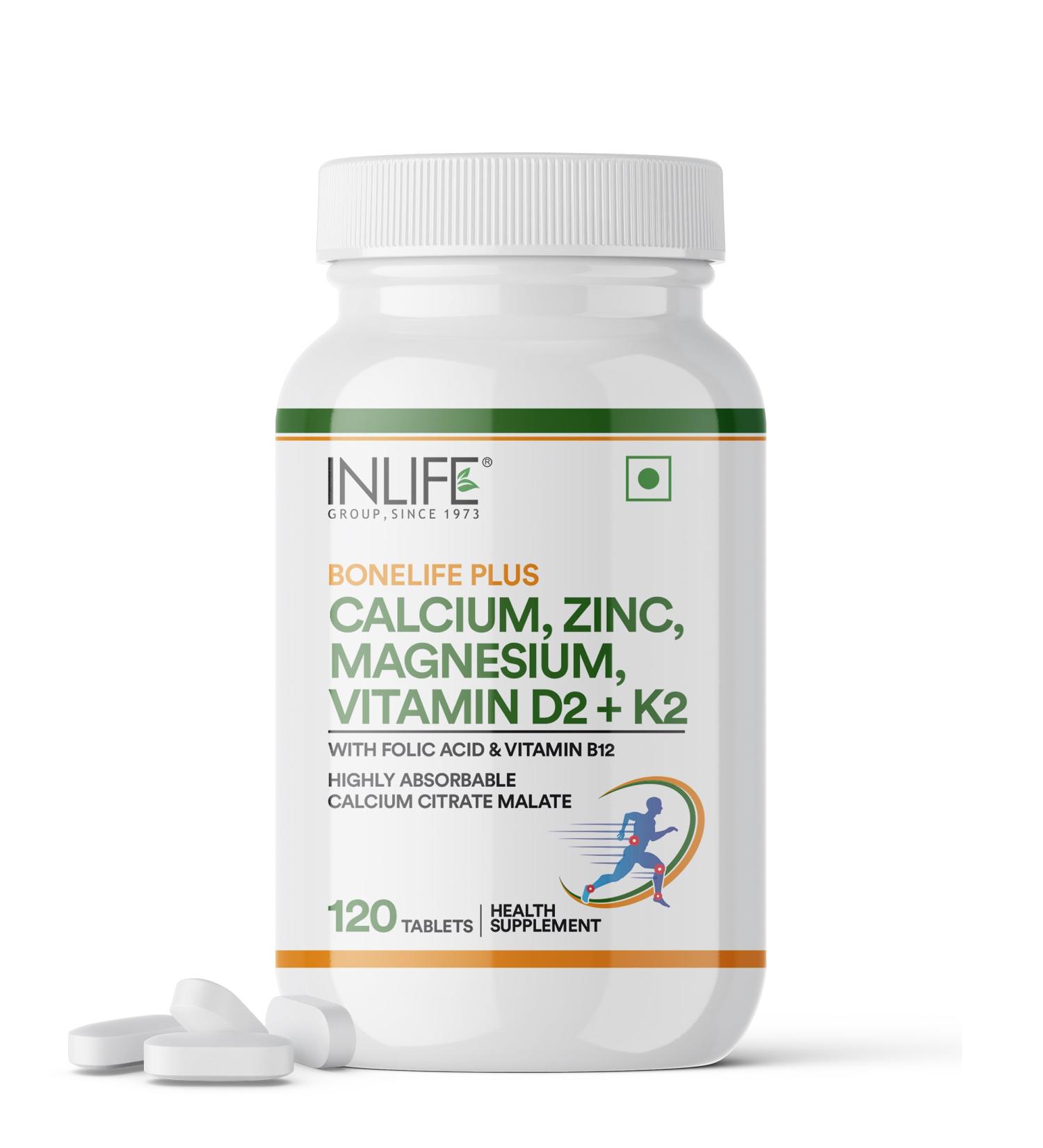 INLIFE Calcium Magnesium Zinc Vitamin D K2 Folic Acid & B12 Vegetarian Tablets Bone & Joint Support Supplement | Calcium Supplement for Women Men - 120 Tablets (Pack of 1) - Buy Online on GoSupps.com