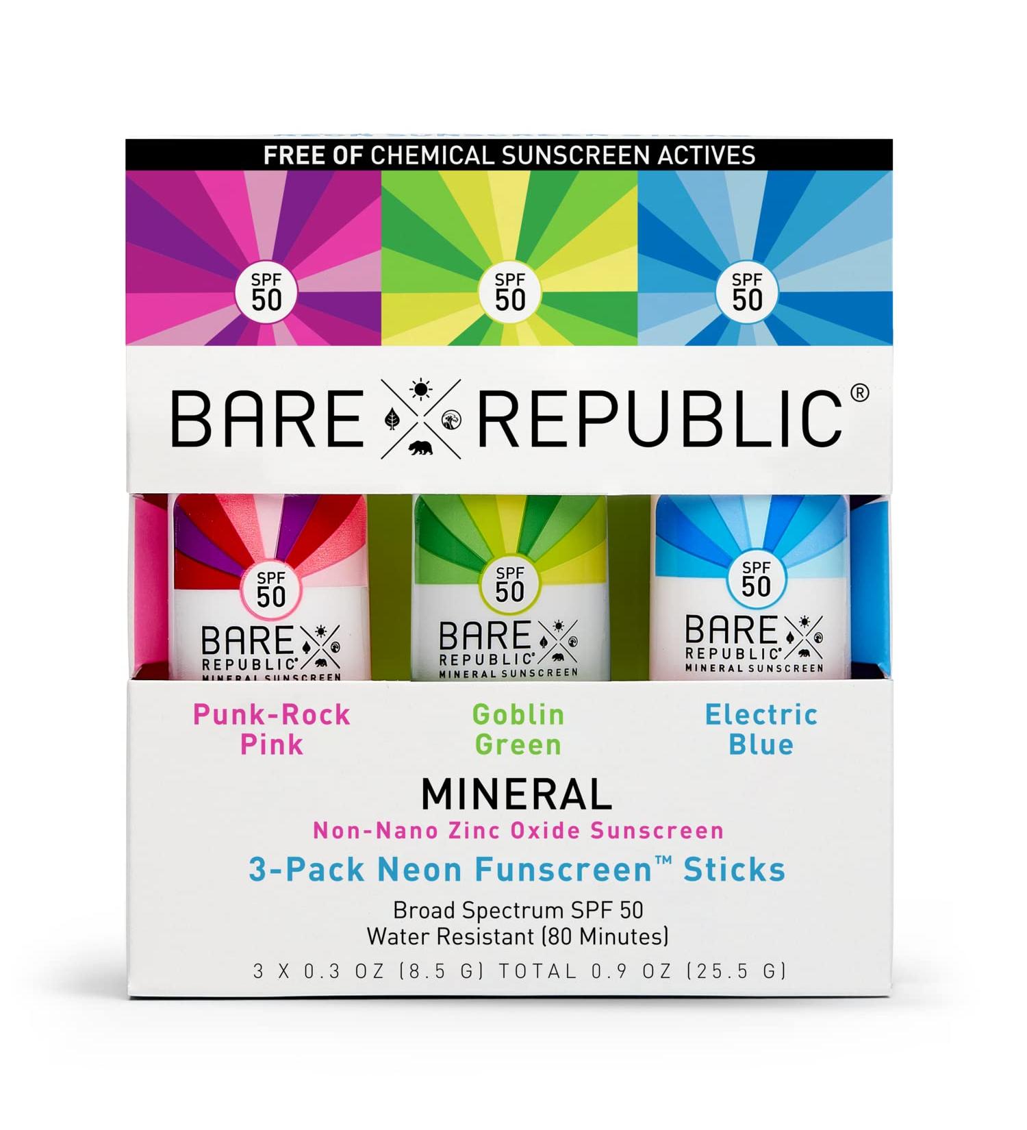 Bare Republic Neon Mineral Funscreen Sunscreen SPF 50 Sticks - Variety Pack for Concerts, Beach Days, Kids - 0.3 Oz Each - Buy Online on GoSupps.com