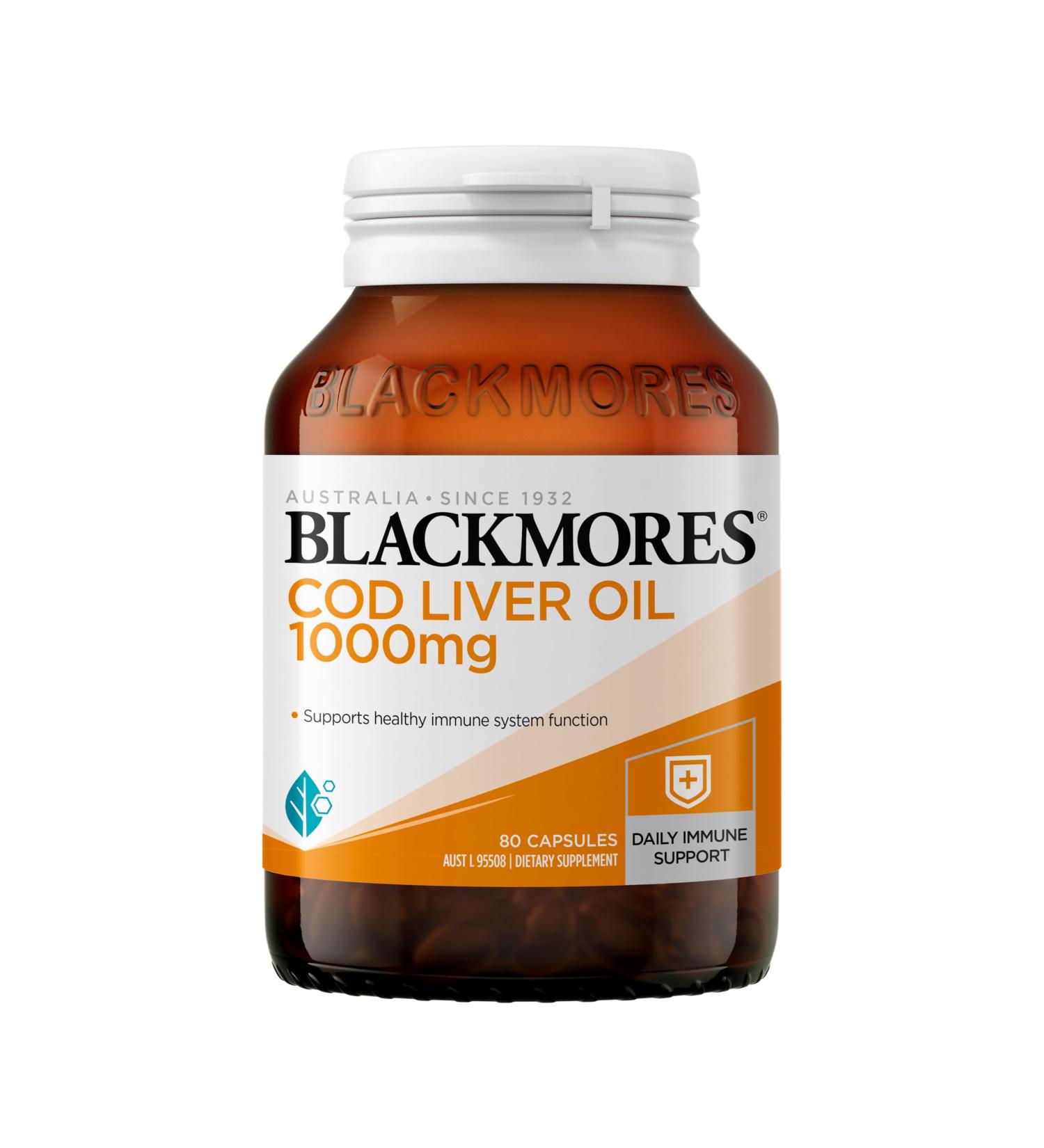 Blackmores Cod Liver Oil 1000 mg 80 Capsules Vitamin A + Vitamin D + Omega-3 Made in Australia - Buy Online on GoSupps.com