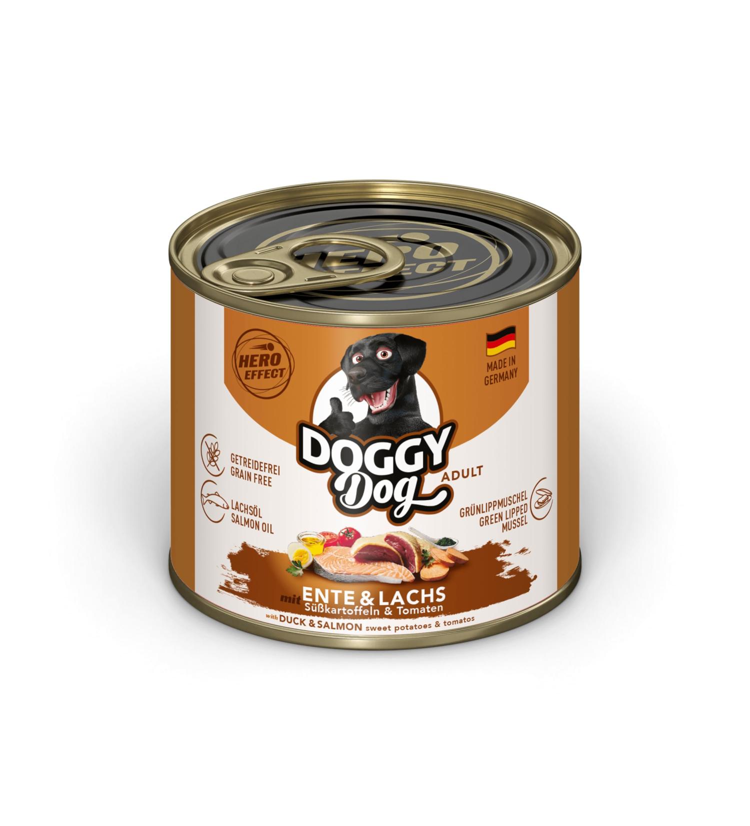 DOGGY Dog Pat 6 x 200g Cans Grain Free Wet Dog Food with Salmon Oil and Green-Lipped Mussel Complete Food with Sweet Potato and Tomato Made in Germany - Buy Online on GoSupps.com