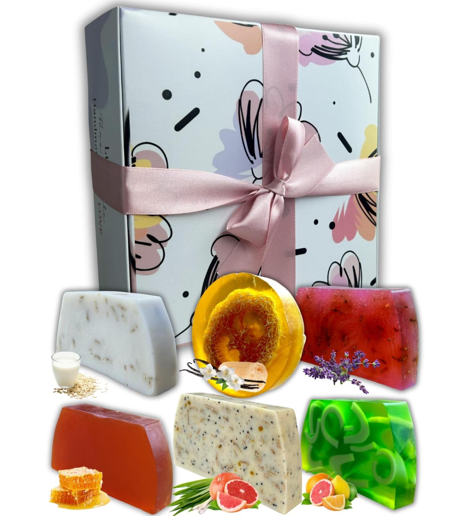 Lu.Flo Lu.Flo Gift Set Gift Idea for Women Handmade Glycerin Solid Soap 6 x 100g Gentle on Skin Body Soap Vanilla with Loofah Honey Lavender Goat's Milk with Oats Citrus - Buy Online on GoSupps.com