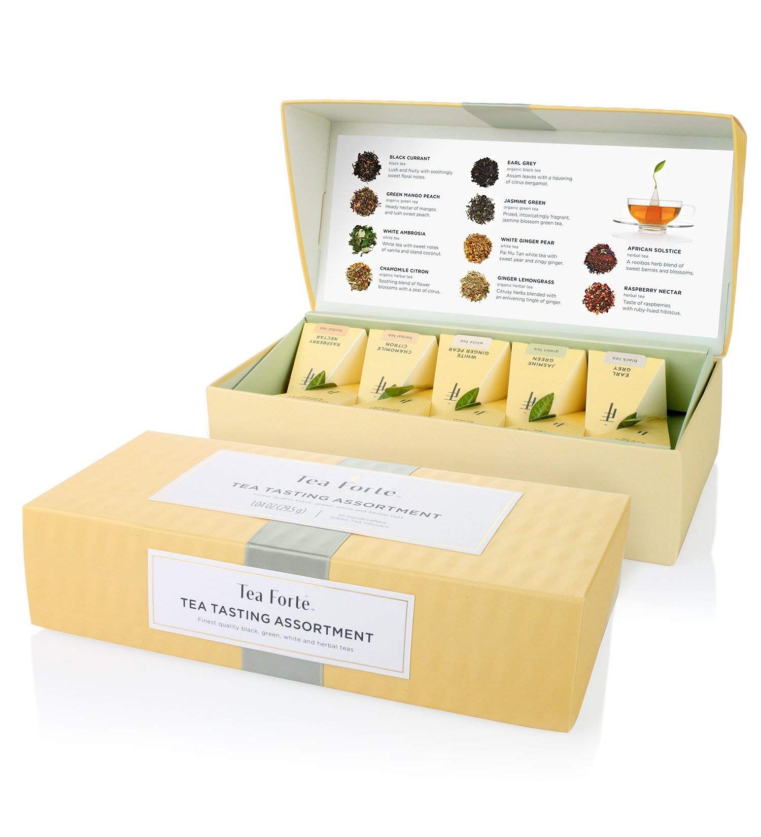Tea Forte Assorted Classic Teas Petite Presentation Box Sampler Gift Set | 10 Handcrafted Pyramid Tea Infusers - Herbal, Black, Green, White - Buy Online on GoSupps.com