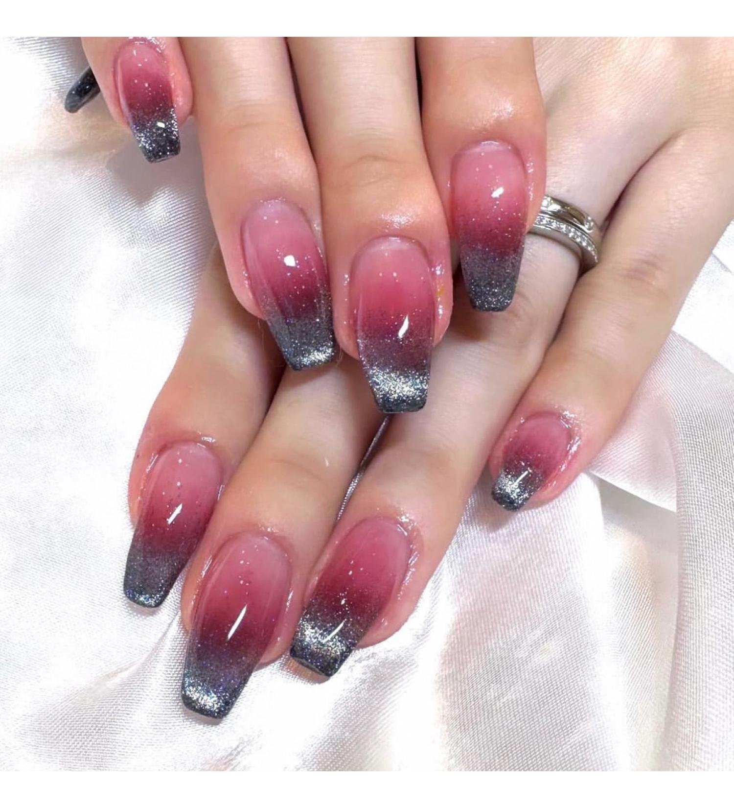 Justotry 24 PCS Black Coffin Nails | Burgundy French Press Glossy Artificial Nails for Women | Nail Art & Design 11 Red & Black - Buy Online on GoSupps.com