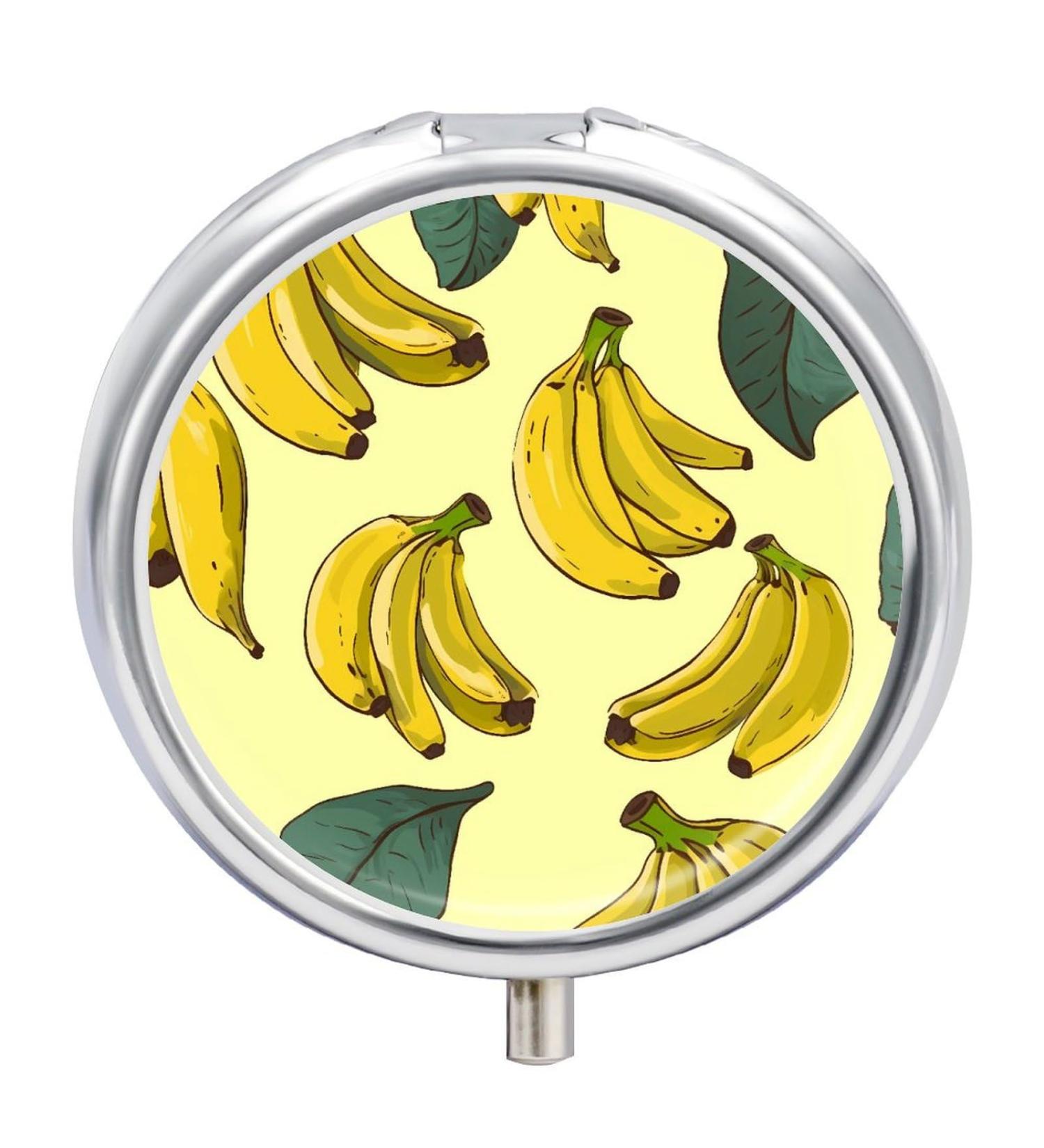 Banana Print Round Pill Box - 3 Compartment Decorative Metal Organizer | Portable Pocket Pill Case - Buy Online on GoSupps.com