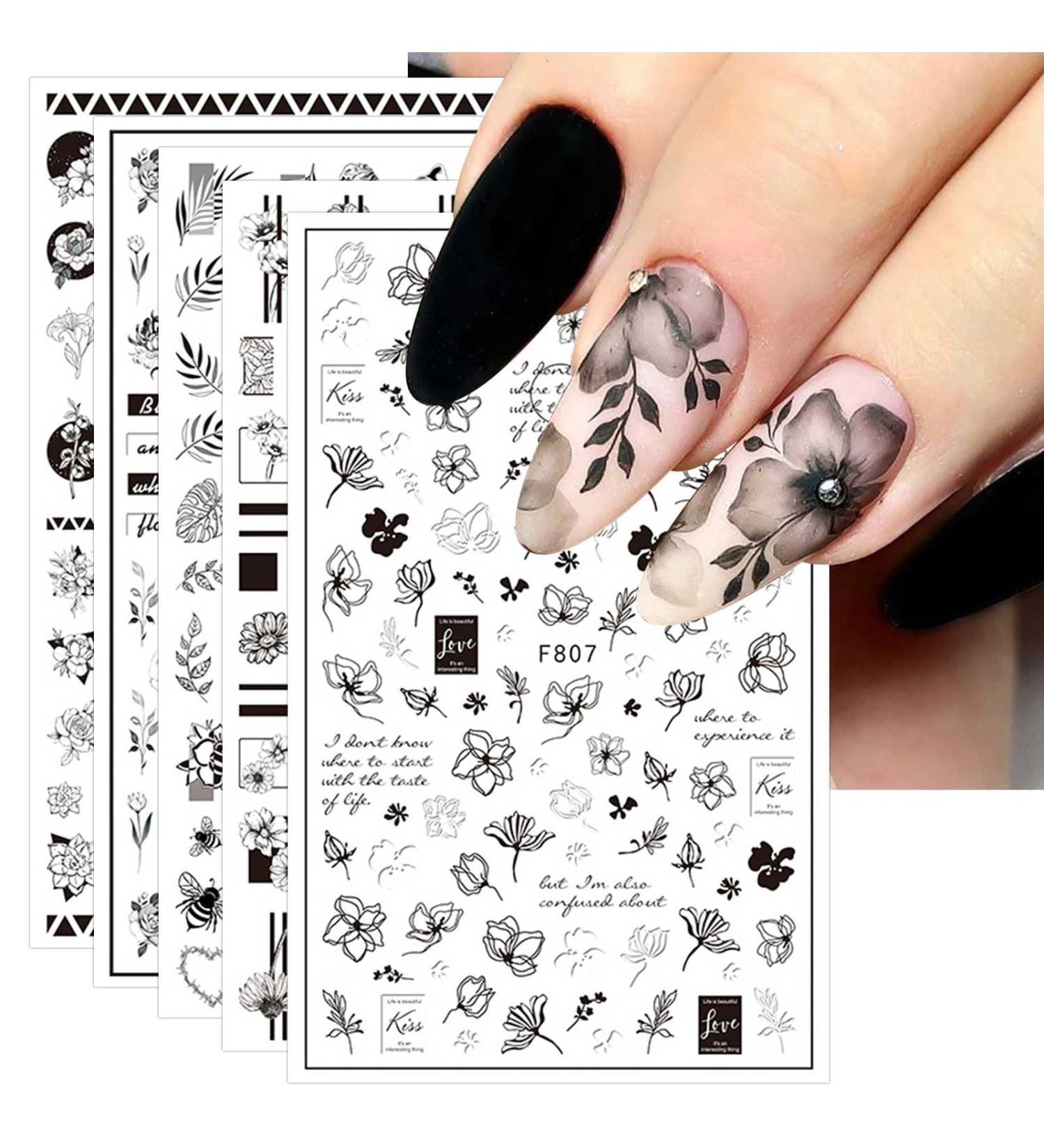 10 Sheets Spring Flower Nail Art Stickers - Self-Adhesive Black & White Floral Designs for Manicure - Perfect Nail Decoration for Women & Girls - Buy Online on GoSupps.com