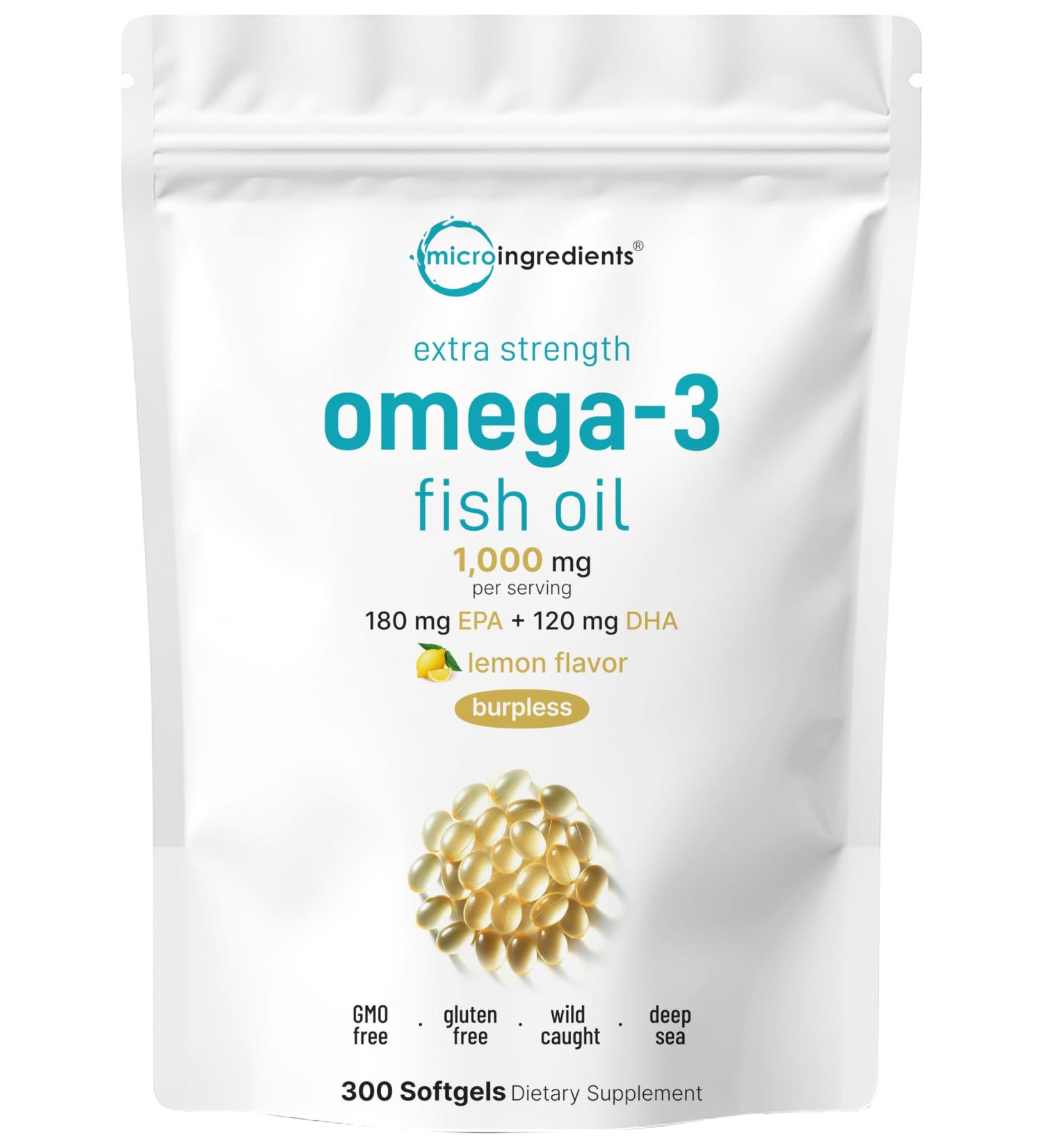Micro Ingredients Extra Strength Omega 3 Fish Oil Supplements 1 000mg Per Serving 300 Softgels | Lemon Flavored | Burpless | EPA 180mg + DHA 120mg | Deep Sea Fish 300 Count (Pack of 1) - Buy Online on GoSupps.com