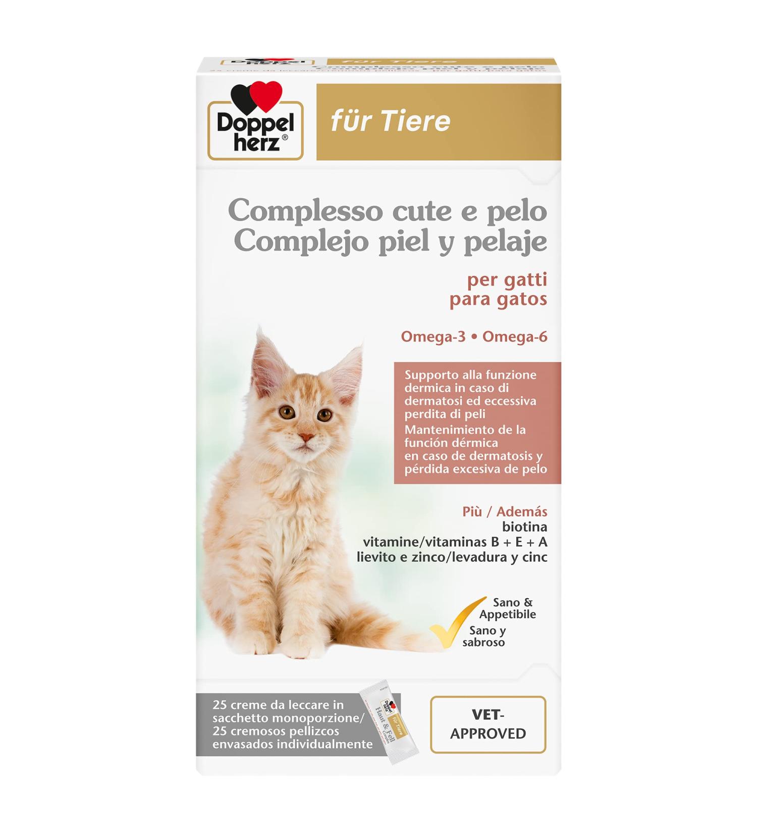 Doppelherz Cute and Hair Complex for Cats Support for Dermal Function in Case of Dermatosis and Excessive Hair Loss Omega-3+6 Biotin Vitamins B+E+A 25 Lick Creams - Buy Online on GoSupps.com
