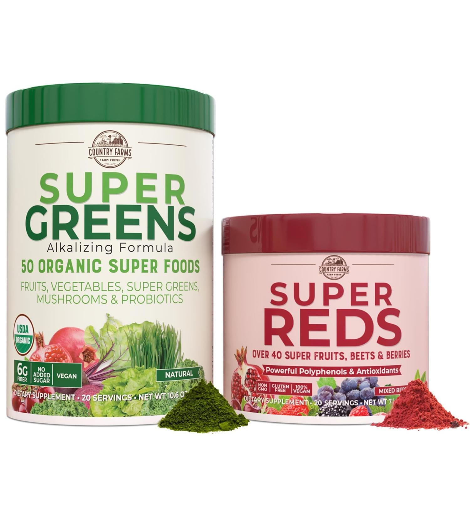 COUNTRY FARMS Essential Pack, Super Greens Powder and Super Reds, Packed with 50 Organic Super Foods and 40 Super Fruits, Natural Energy, Bloating Support, Unflavored & Berry Flavor, 17.7 oz, 2 Pack - Buy Online on GoSupps.com