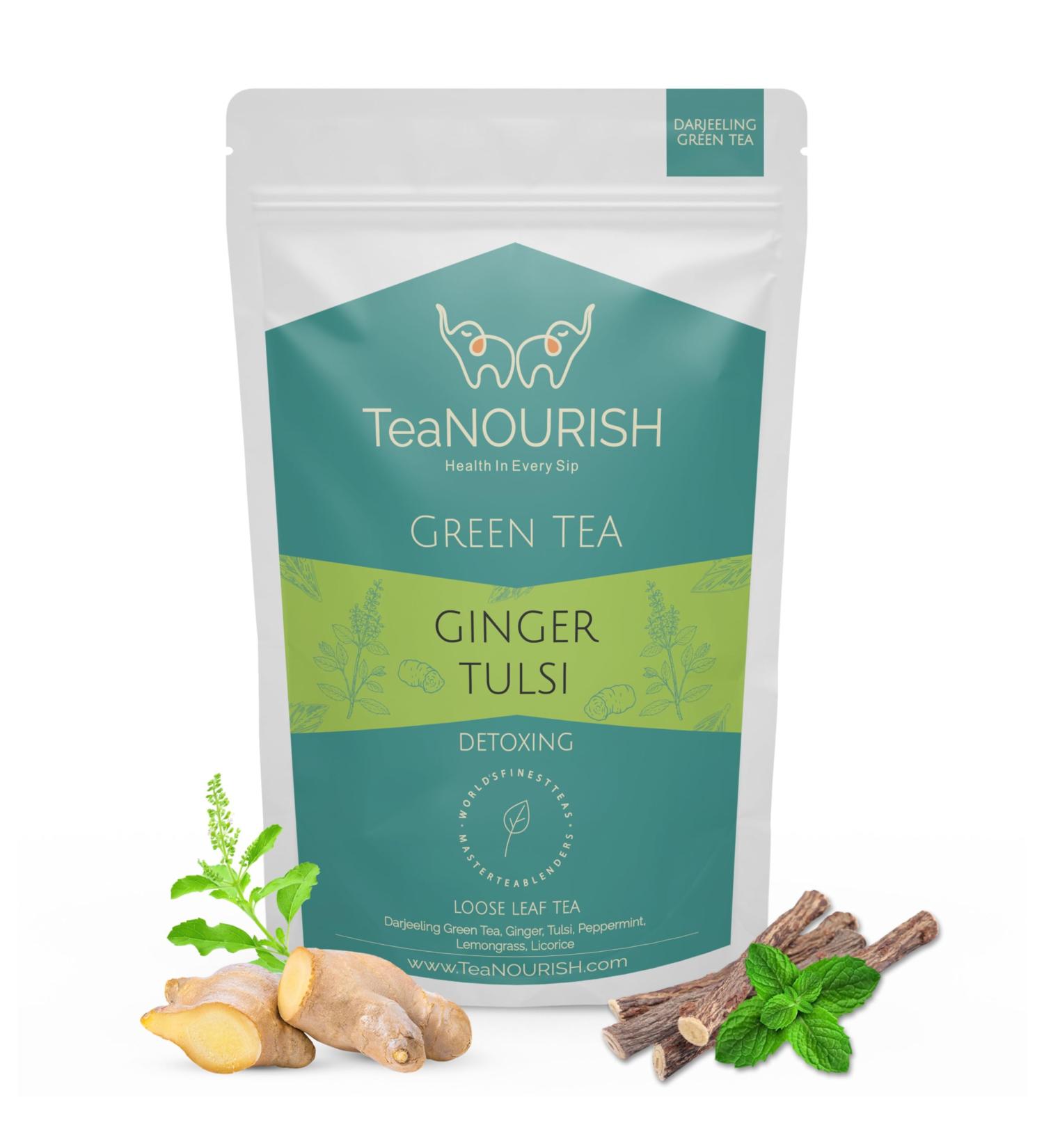  TEANOURISH TeaNOURISH Ginger Tulsi Green Tea | Darjeeling Loose Leaf | Indian Superfoods Ginger Tulsi & Licorice | Relieves Stress & Ai - Buy Online on GoSupps.com