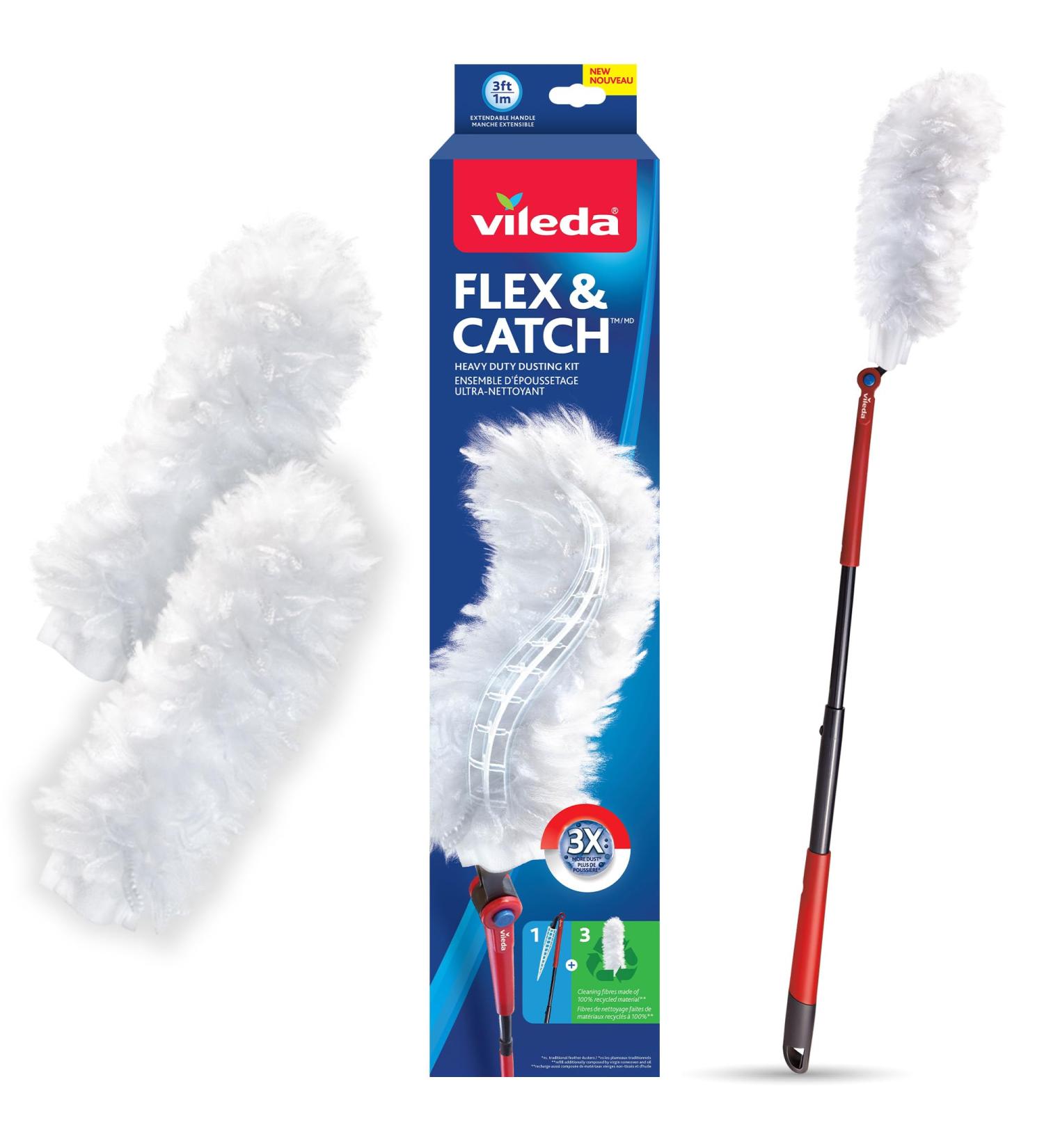 Vileda Flex & Catch Duster | Heavy Duty Dusting Kit with 3 Disposable Duster Refills | Extendable 3 Ft Handle with Stay-On Duster Hook | Traps 3X More Dust Than Feather Dusters Dusting Kit + 3 Duster Refills - Buy Online on GoSupps.com