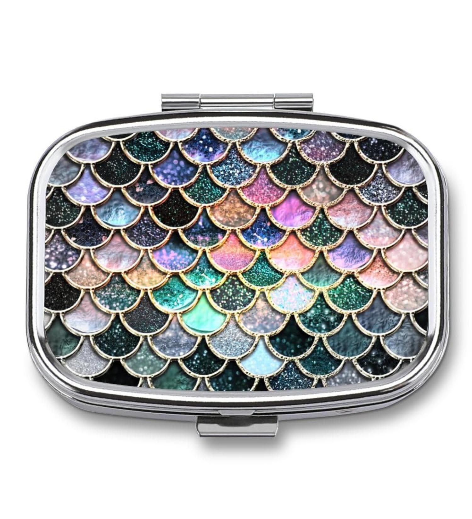 Mermaid Scale Pill Box - Small Travel Organizer for Vitamins & Medications | Portable Metal Case for Daily Use - Buy Online on GoSupps.com