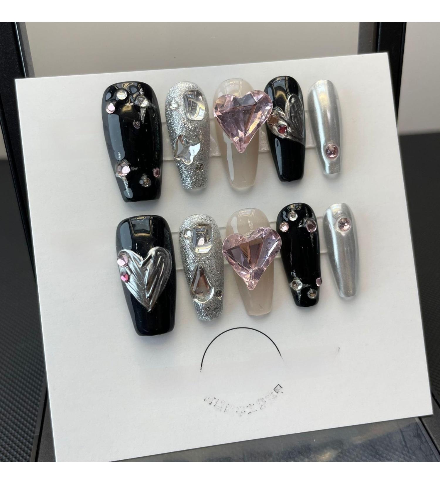 Black long Nails Handmade Press on Nail Short Square Solid Fake Nail Tips Gentle Flowers Design Art(Black long M)