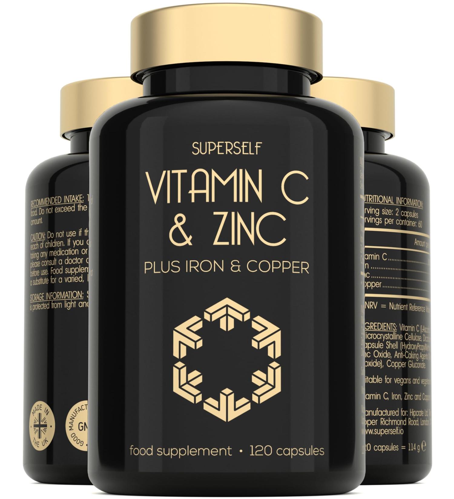 Vitamin C and Zinc Tablets - 1000mg VIT C Enhanced with Zinc Iron Copper High Strength - 120 Easy to Swallow Capsules - Vegan Immune System Complex Vitamin C Supplement with Superior Absorption - Buy Online on GoSupps.com