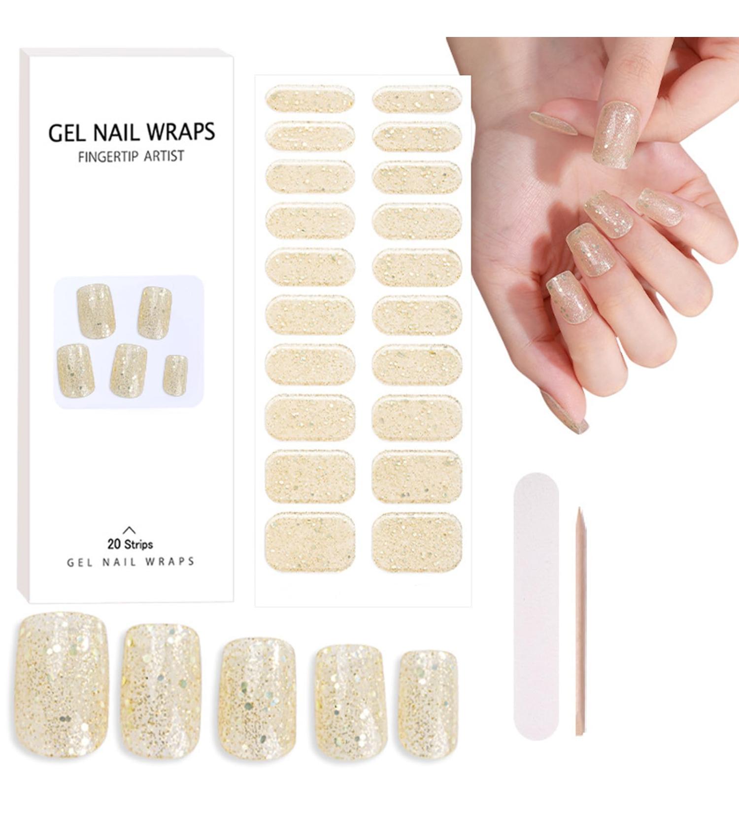 Semi Cured Gel Nail Strips - Nail Adhesive Wrap - Gold Glitter Semi Cured Nail Wraps - 20 Pcs Gel Nail Polish Strips Manicure Set Stickers with Nail File & Wooden Cuticle Stick (UV/LED Needed) glitter gold - Buy Online on GoSupps.com