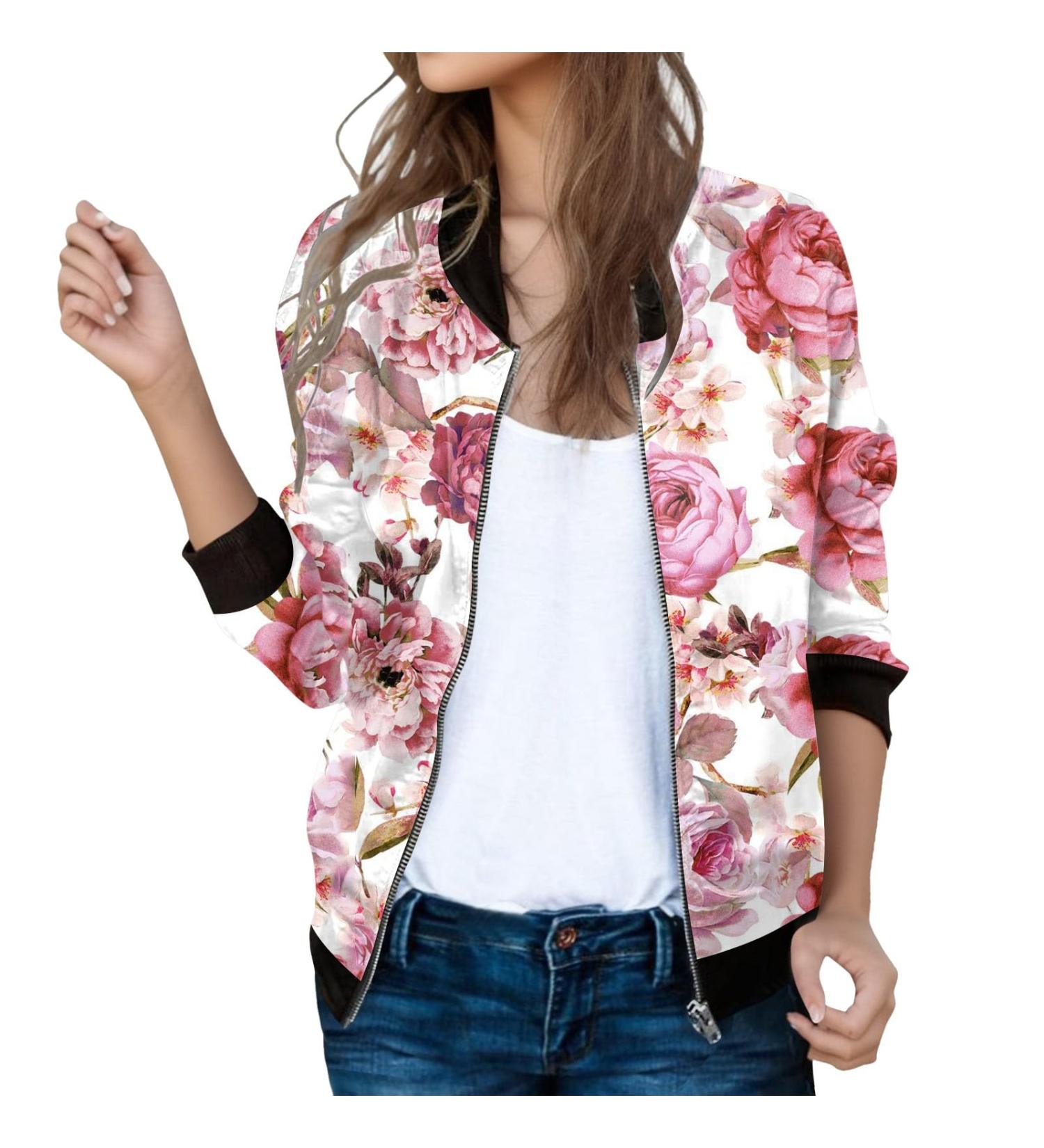 Women's Light Bomber Jacket with Floral Pattern | Casual Summer Aviator Jacket | Stylish Red Zip Outwear | Plus Size XXL College Fashion - Buy Online on GoSupps.com