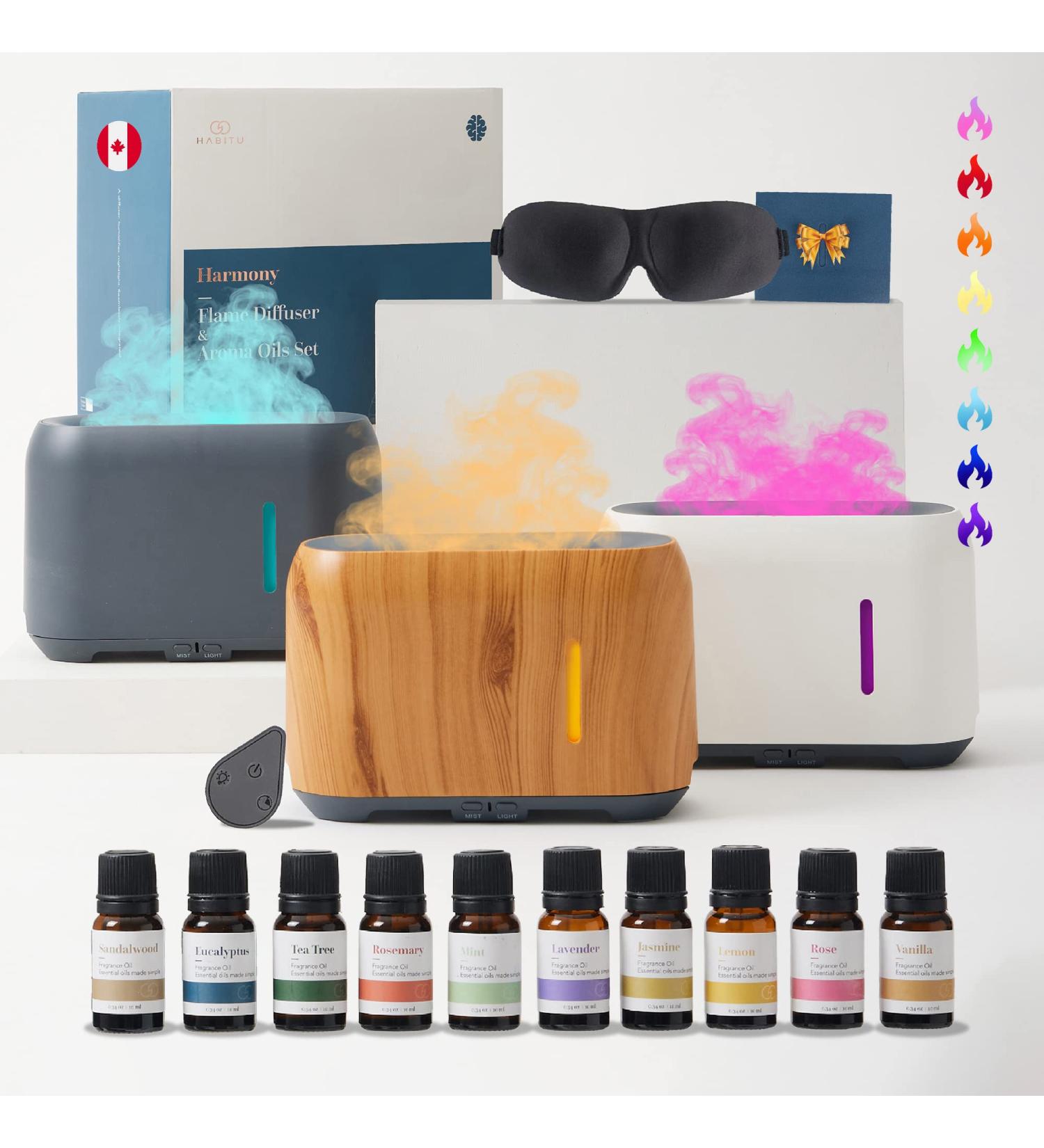 HABITU 240ml Aroma Flame Diffuser with 10 Essential Oils | 8 Colors Adjustable Mist & Brightness Timer & Remote | Aromatherapy Humidifier for Small & Large Rooms - Buy Online on GoSupps.com