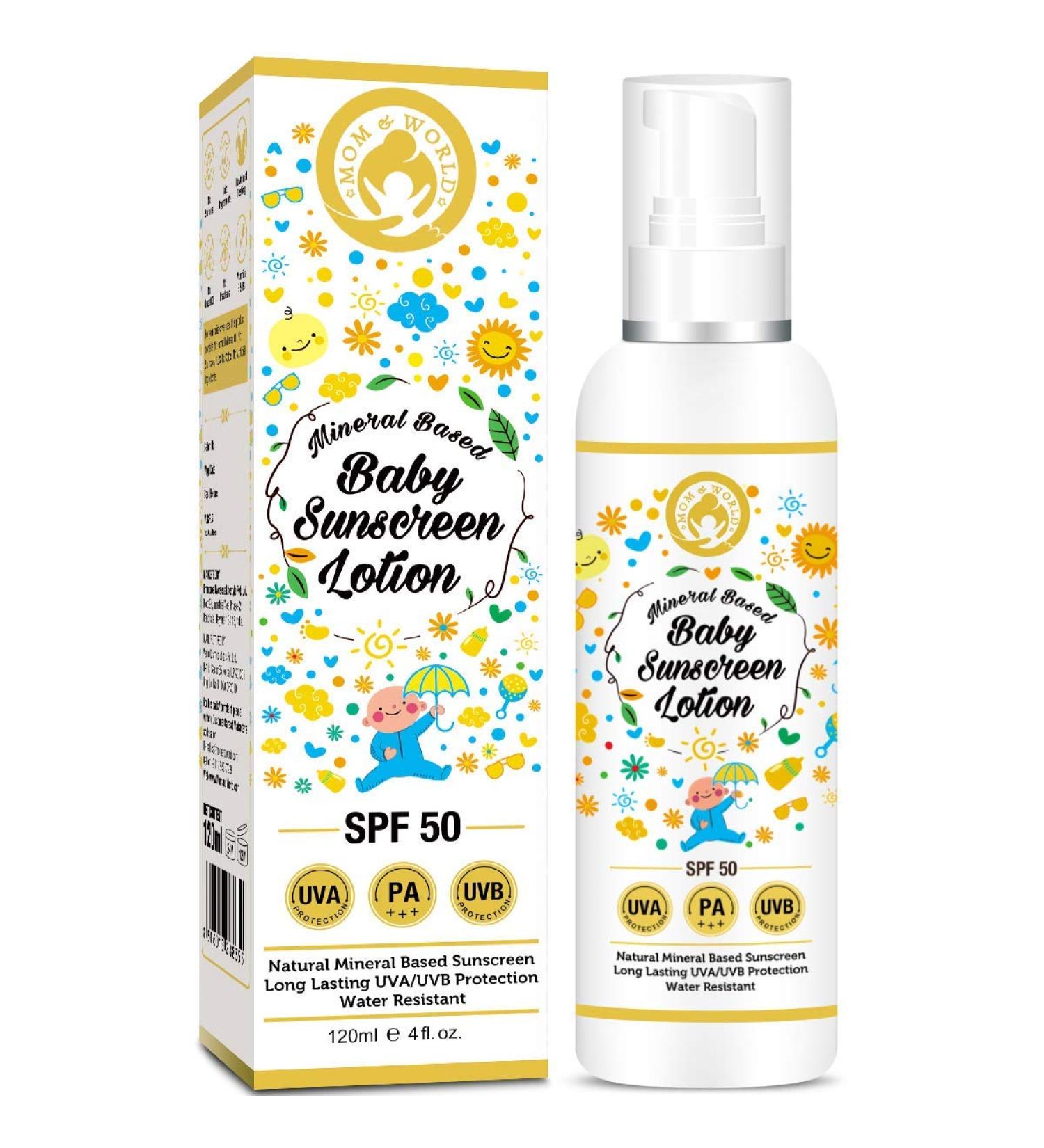 Mom & World Mineral Baby Sunscreen Lotion SPF 50 PA+++ 120ml - UVA/UVB Protection, Water Resistant - Buy Online on GoSupps.com
