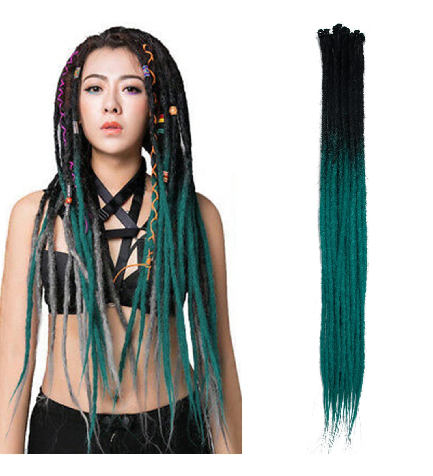 Handmade 24 Synthetic Dreadlock Extensions - 0.6cm Thin Crochet Braids in Green | Soft Hip-Hop Style - 20 Strands - Buy Online on GoSupps.com