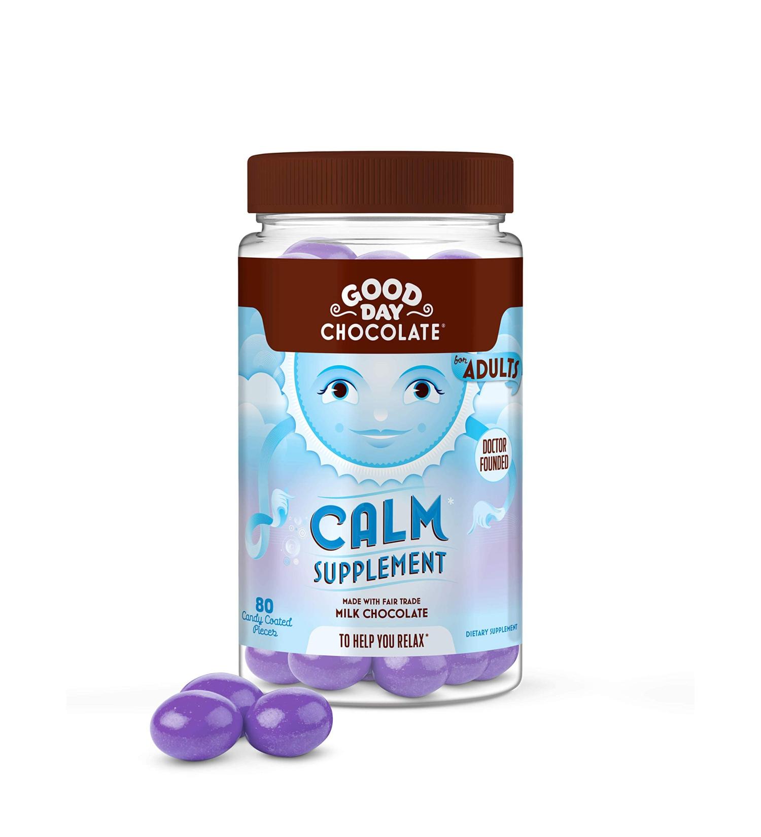 Good Day Chocolate Natural Calming Supplement for Adults Blend of Camomile Theanine Magnesium Fair Trade and Non-GMO Chocolate 80 Pieces 80 Count (Pack of 1) - Buy Online on GoSupps.com