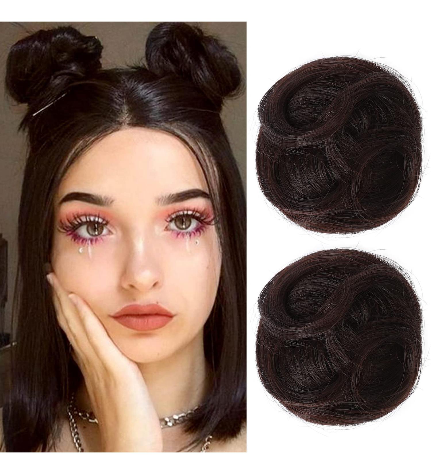 REECHO Space Bun Hair Pieces 2 Pack - Mini Claw Clip Messy Bun & Cat Ears Extensions in Wavy Black Brown for Women/Girls - Buy Online on GoSupps.com