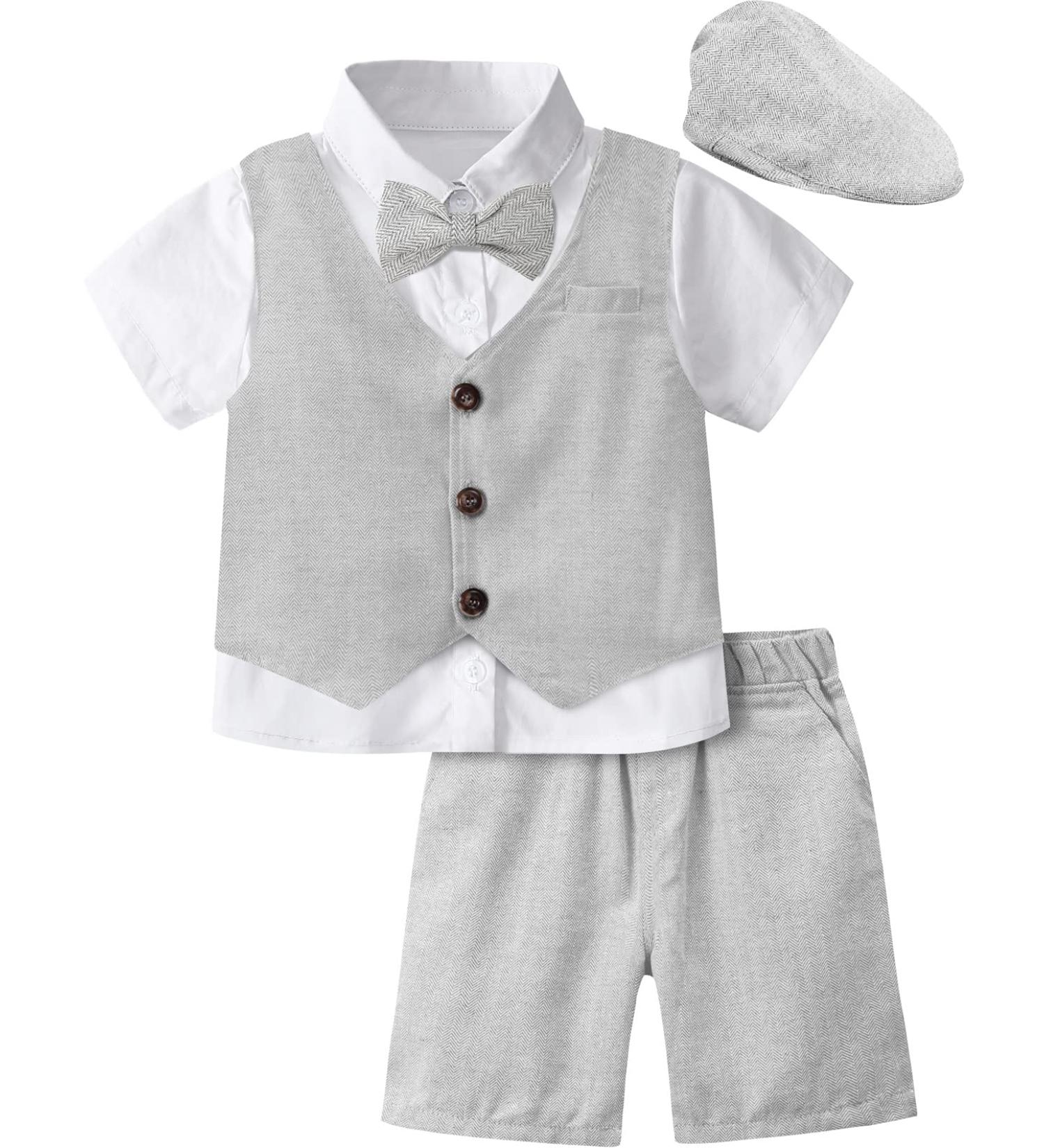 Mint Green 4pcs Baby Boy Gentleman Suit Set | Shirt, Bowtie, Waistcoat, Trousers, Hat | Size 4-5 Years Grey - Buy Online on GoSupps.com
