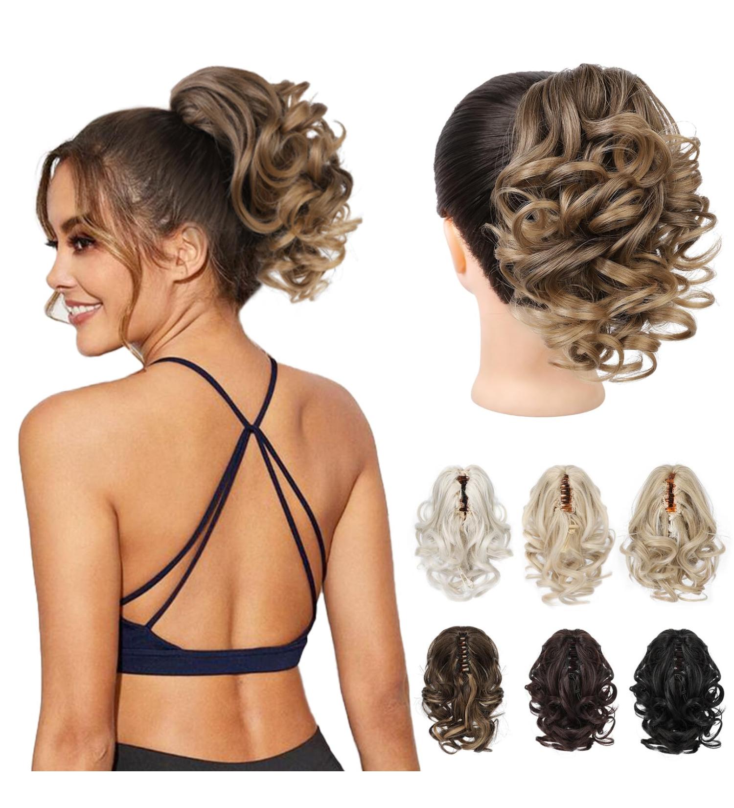 Reecho 23cm Ponytail Hair Extension - Short Curly Wavy Clip Hairpiece in Dark Ash Blonde with Golden Ends - Buy Online on GoSupps.com
