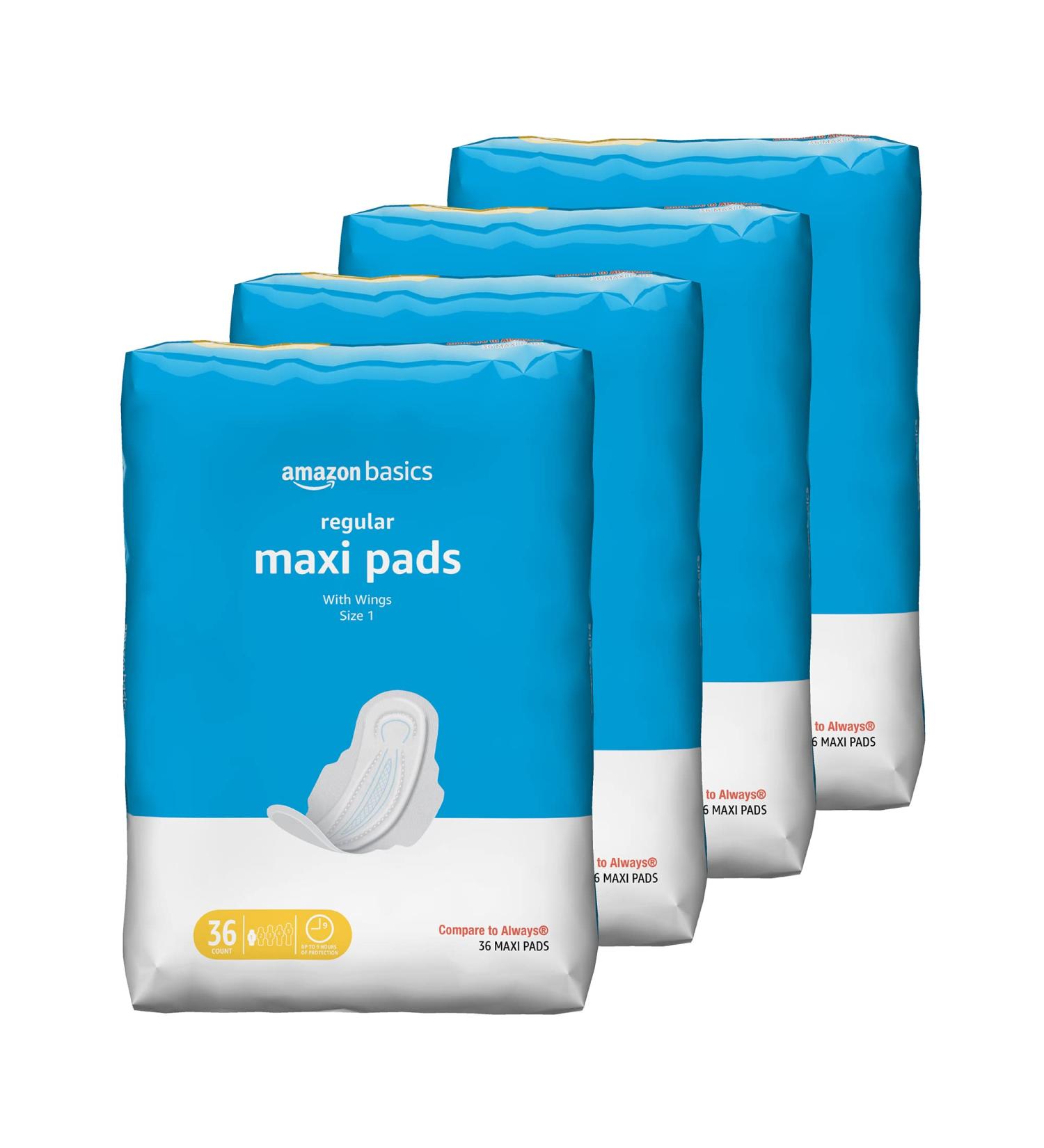 Amazon Basics Regular Absorbency Maxi Pads with Flexi-Wings - Unscented, Size 1, 144 Count (4 Packs of 36) - Buy Online on GoSupps.com