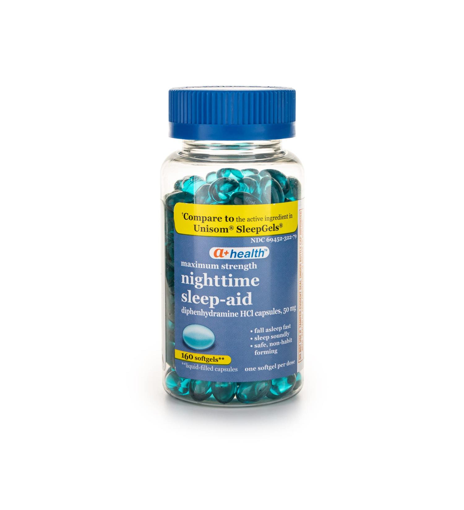 A+ Health Nighttime Sleep Aid 50mg Softgels | 160 Count | Made in USA - Buy Online on GoSupps.com