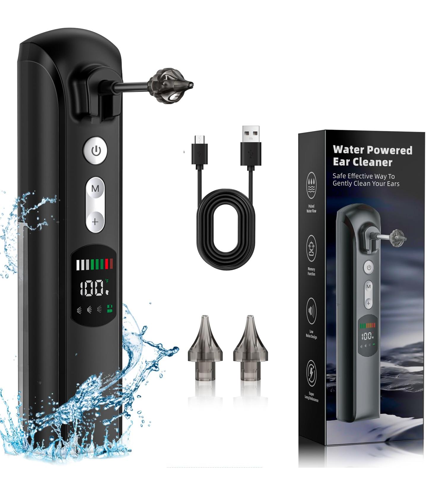 2025 Upgraded Smart Ear Washer - 3 Modes & 8 Speed Adjustable Ear Cleaning Kit with Temperature Detection 1200mAh with USB IPX7 Waterproof 2 Nozzles for Family Use (Black) - Buy Online on GoSupps.com