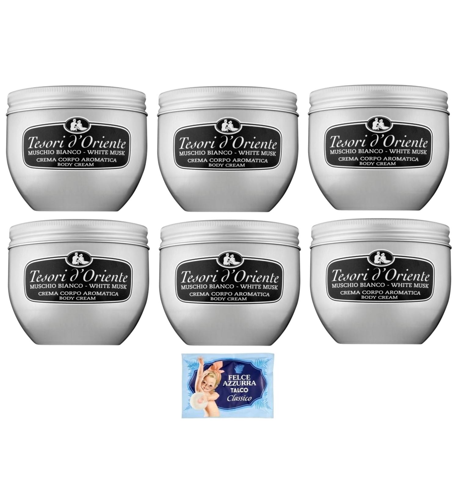 Tesori d'Oriente Crema Corpo Muschio Bianco Body Cream White Musk 300 ml + 1 x Felce Azzurra Talcum Powder 100 g Pack of 6 - Buy Online on GoSupps.com