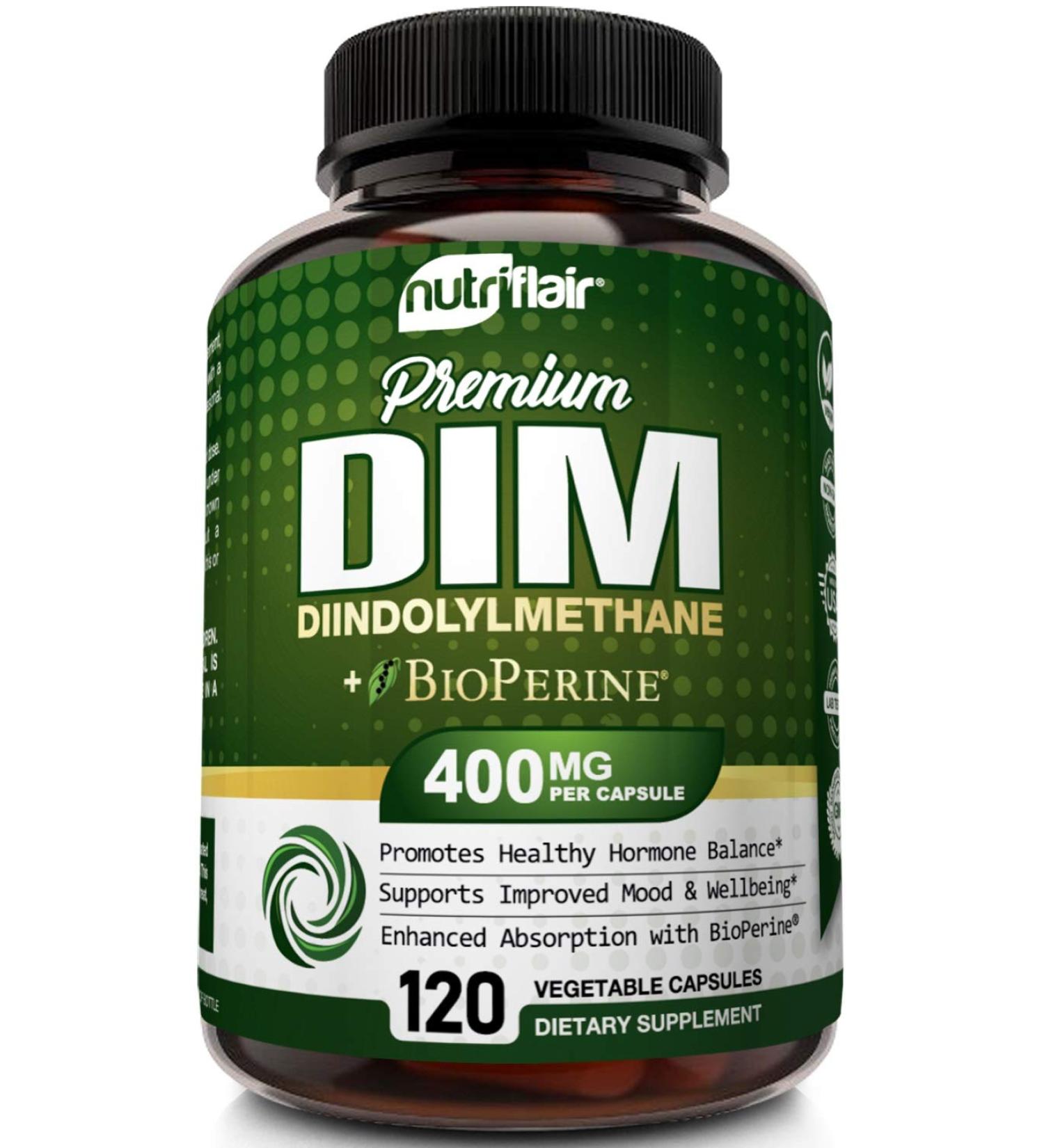 NutriFlair DIM 400mg with Bioperine 120 Capsules - Hormone Balance & Estrogen Metabolism Support for Menopause, PCOS, Acne - Compare to 300mg - Buy Online on GoSupps.com