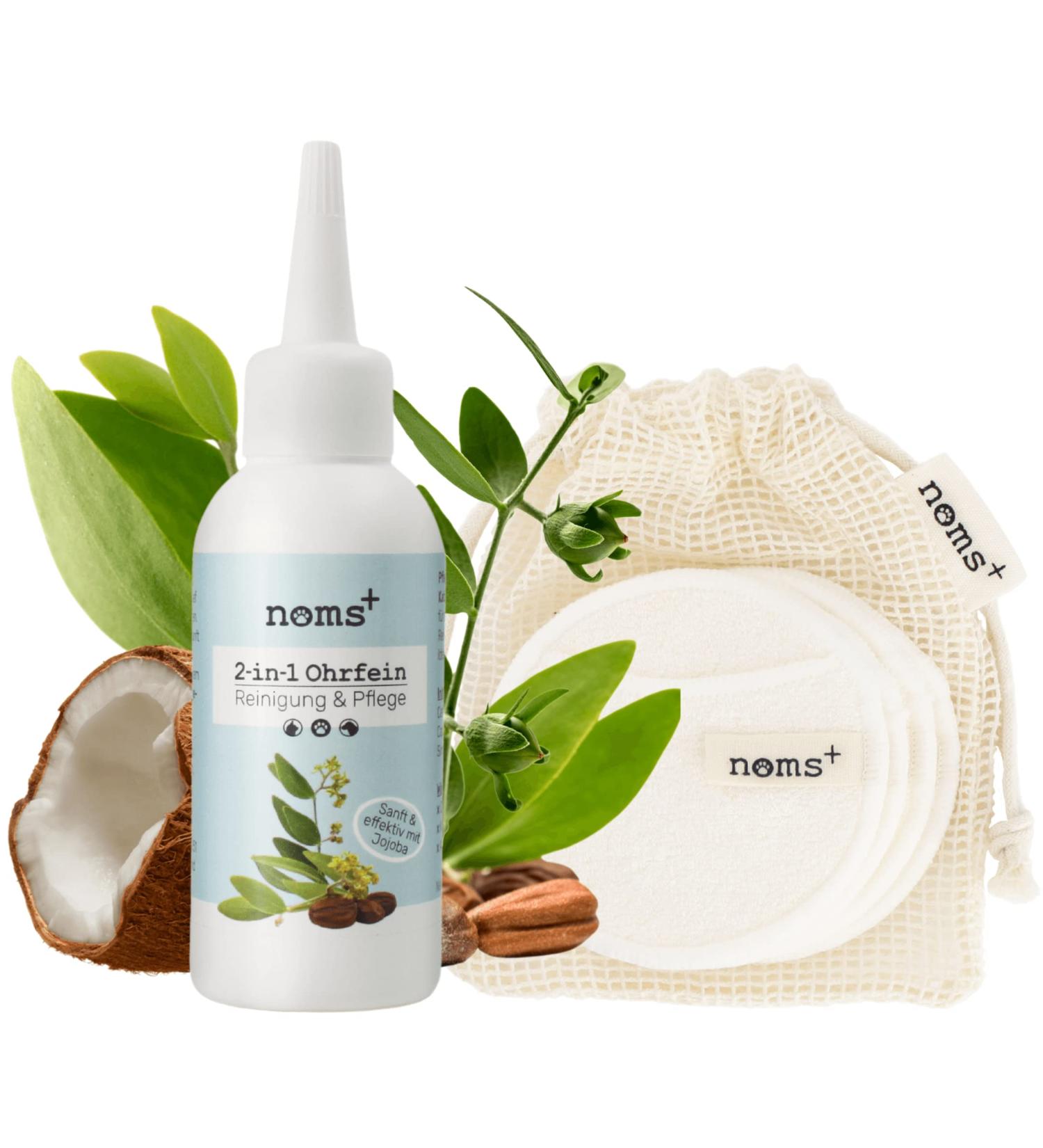 NOMS 2-in-1 Ear Cleaner for Dogs & Cats | Jojoba Oil & Bamboo Pads | Ear Drops for Inflammation Itching & Mites | 75ml - Buy Online on GoSupps.com