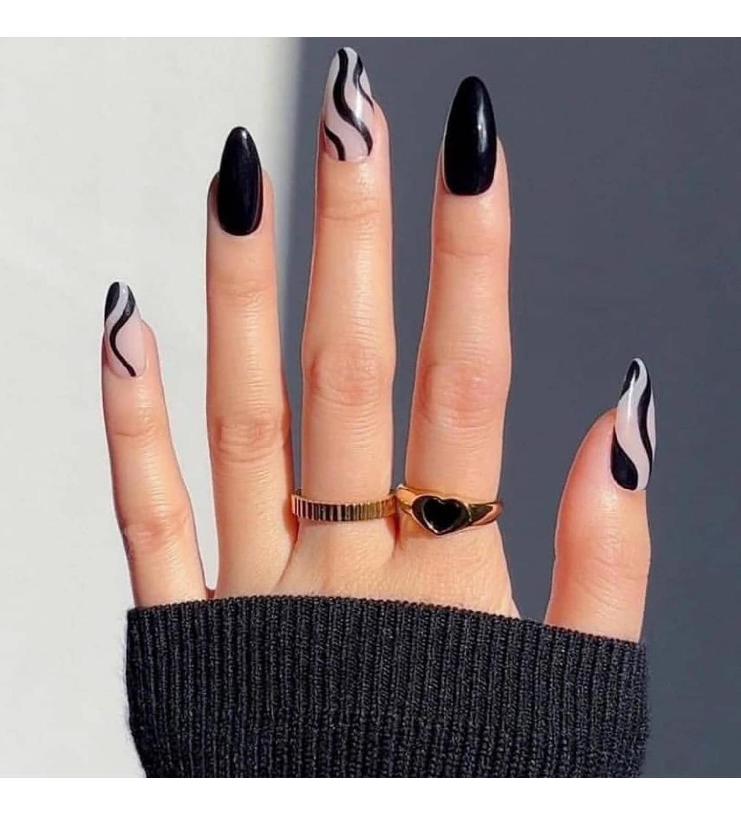 Justotry 24 Pcs Short Swirl Almond Black French Press on Fake Nails with Nail Glue - Stiletto Stick on Nails for Women's Art - Medium Length - Buy Online on GoSupps.com