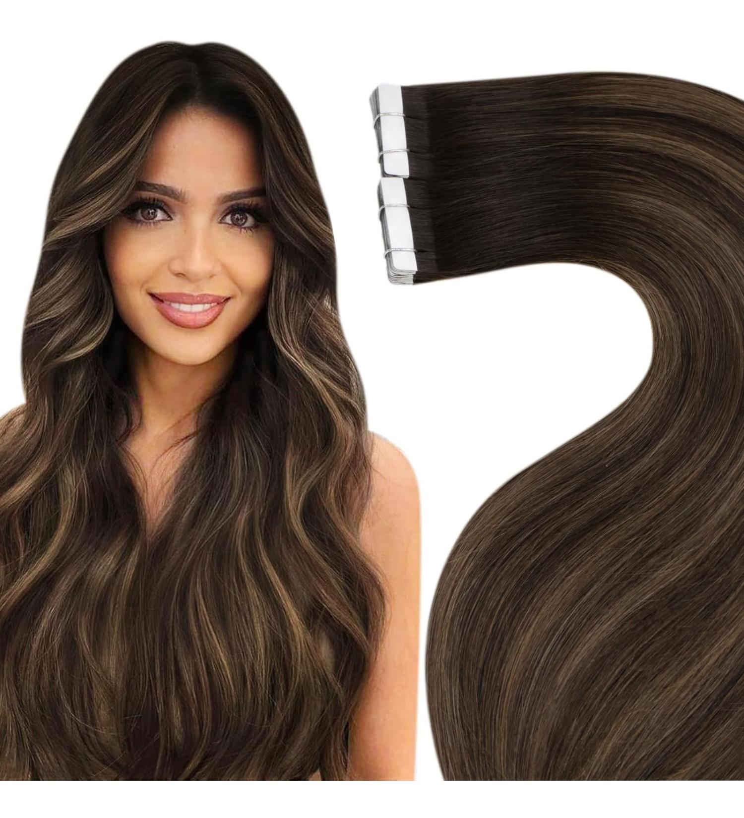 LAAVOO Real Hair Tape Extensions - Brown Ombre Skin Weft 50cm 20 Pcs Invisible Tapes Dark Brown to Light Brown Balayage 50g #2/8/2 - Buy Online on GoSupps.com
