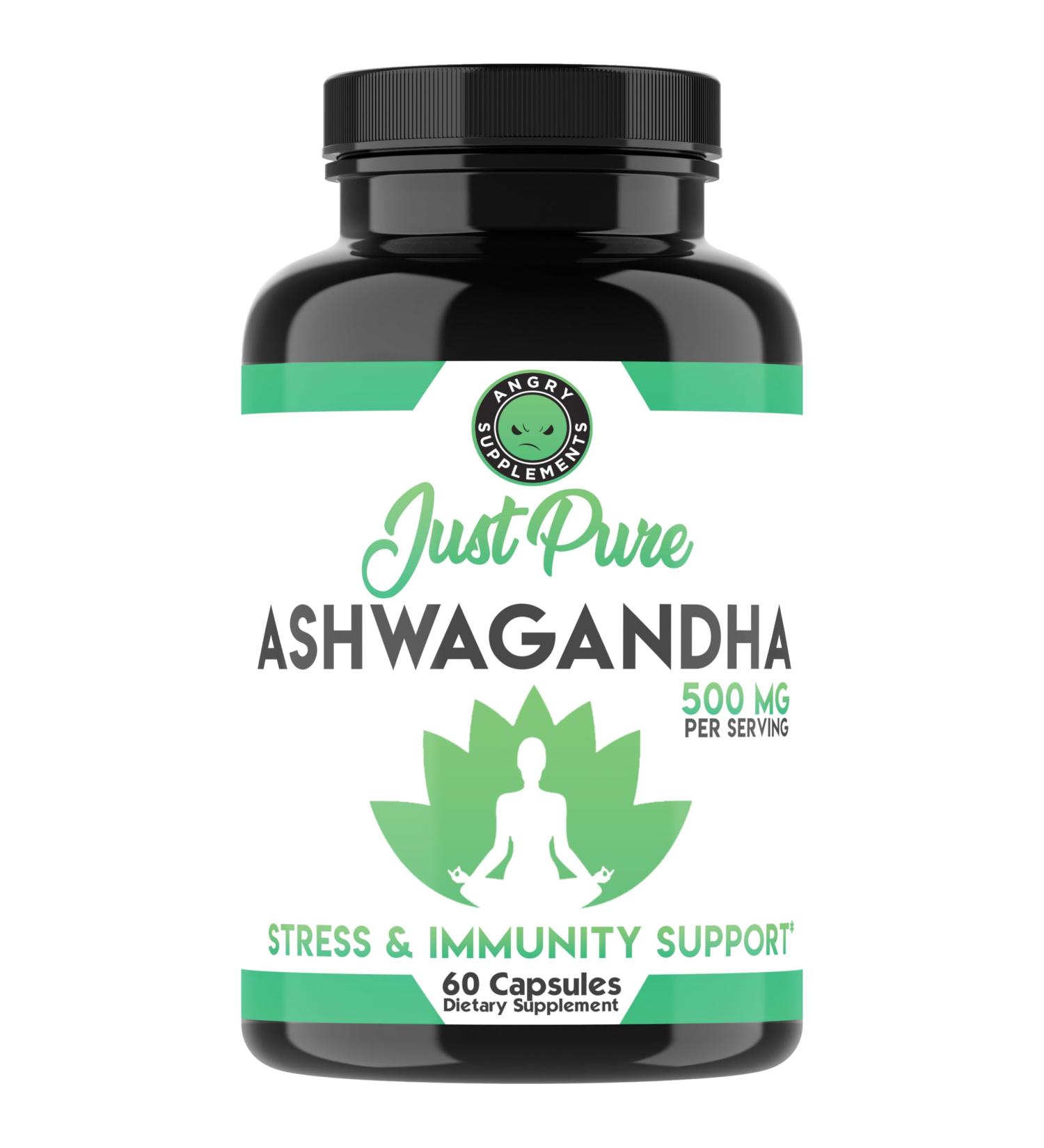 Angry Supplements Just Pure Ashwagandha Root Powder 500mg Ashwa Per Serving 60 Capsules Herbal Immunity & Mood Support for Men and Women (1-Bottle) - Buy Online on GoSupps.com