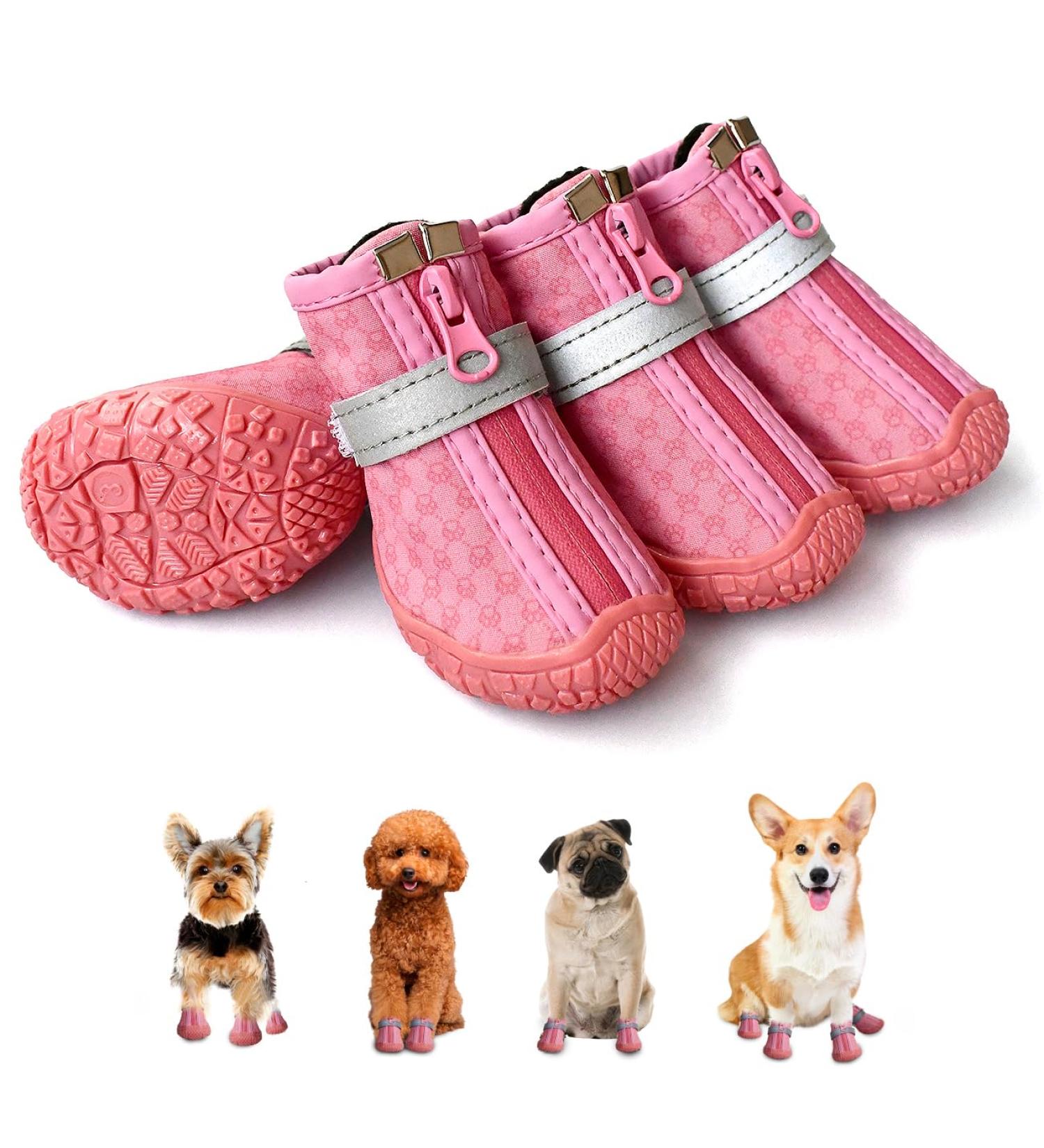 DEWVIE Dog Shoes for Small Dog Anti-Slip Dog Boots with Reflective Strip Puppy Paw Protectors for Indoor Outdoor Walking Winter Snow (Pink Size 3) - Buy Online on GoSupps.com