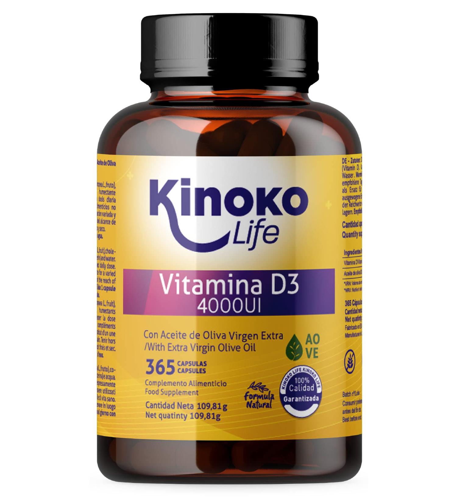 Kinoko LIfe Vitamin D3 4000 IU 365 Capsules Natural Vitamin D Cholecalcipherol with Extra Virgin Olive Oil Supports the joints and improves calcium absorption Increases your resistance - Buy Online on GoSupps.com